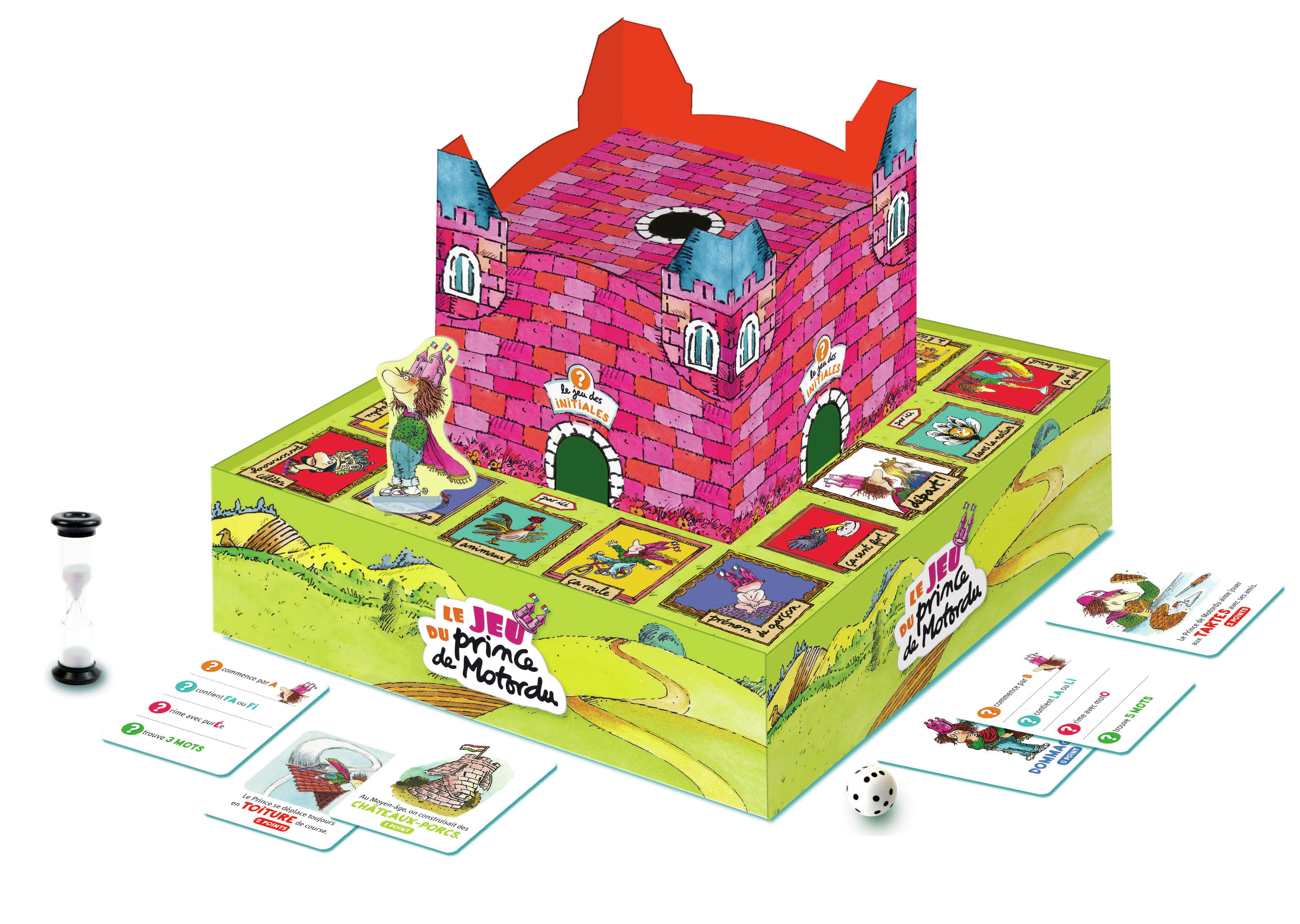 Il gioco mostra un castello colorato, dadi, carte e un timer. È un gioco da tavolo per bambini.