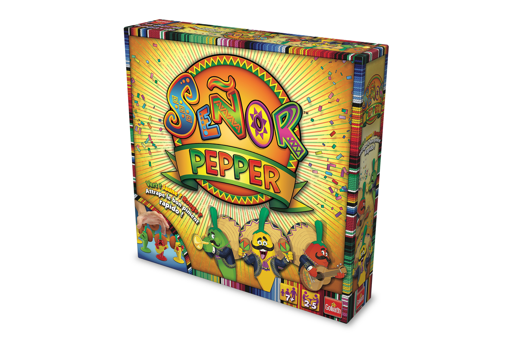 Señor Pepper-Spielbox. Die Box zeigt ein farbenfrohes Design mit Musikinstrumente spielenden Figuren.