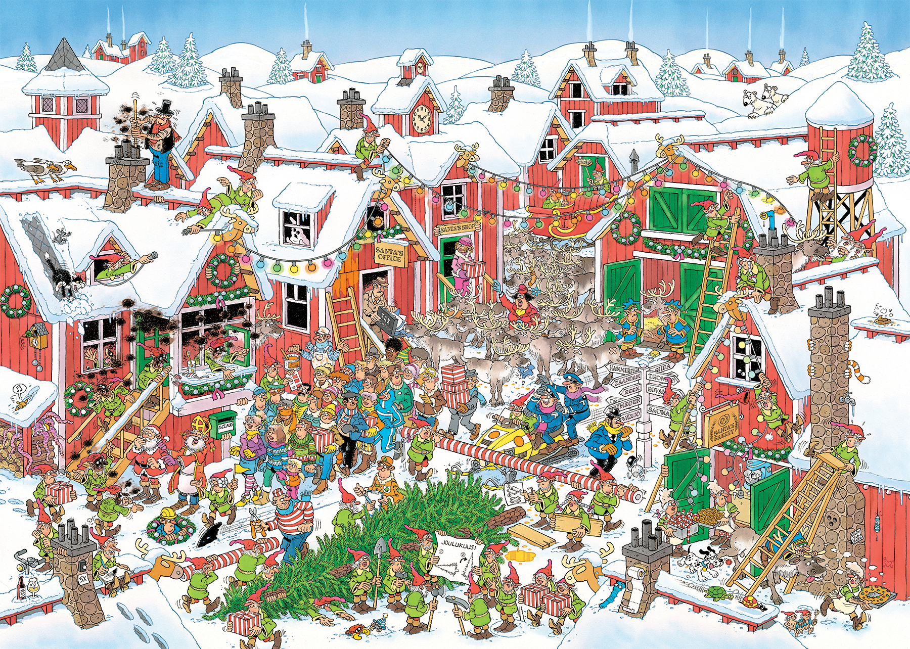 Kerstdorp-scène met elfen, huizen en mensen. Er wordt een grote kerstboom gedragen.