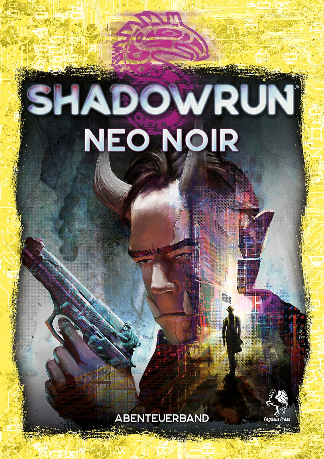Comic-Cover mit einem Mann mit Hörnern und einer Waffe. Titel: Shadowrun Neo Noir. Gelber Hintergrund.