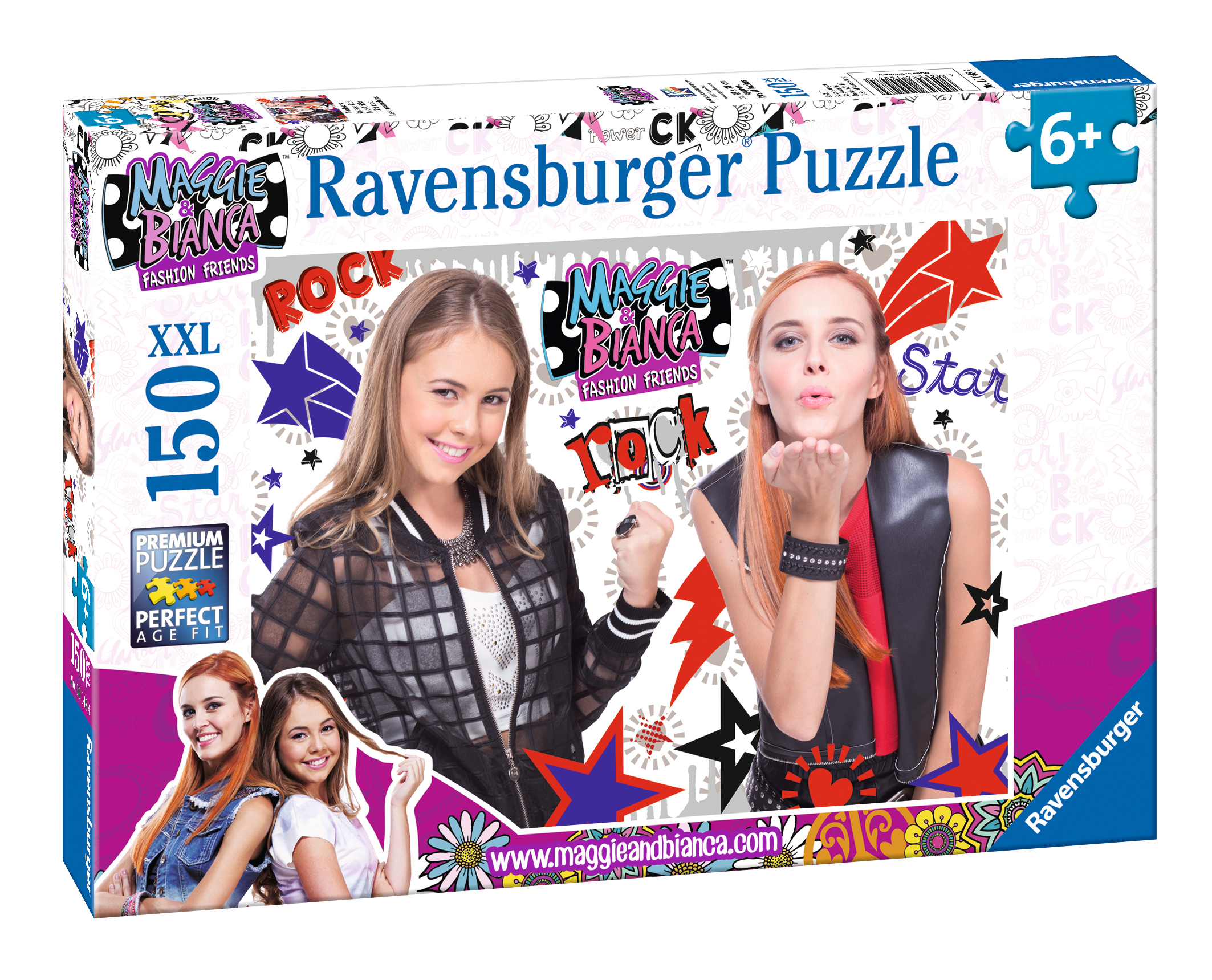 Scatola puzzle con due ragazze. Una manda un bacio, l'altra sorride. Sono mostrati "Maggie & Bianca" e "Ravensburger".