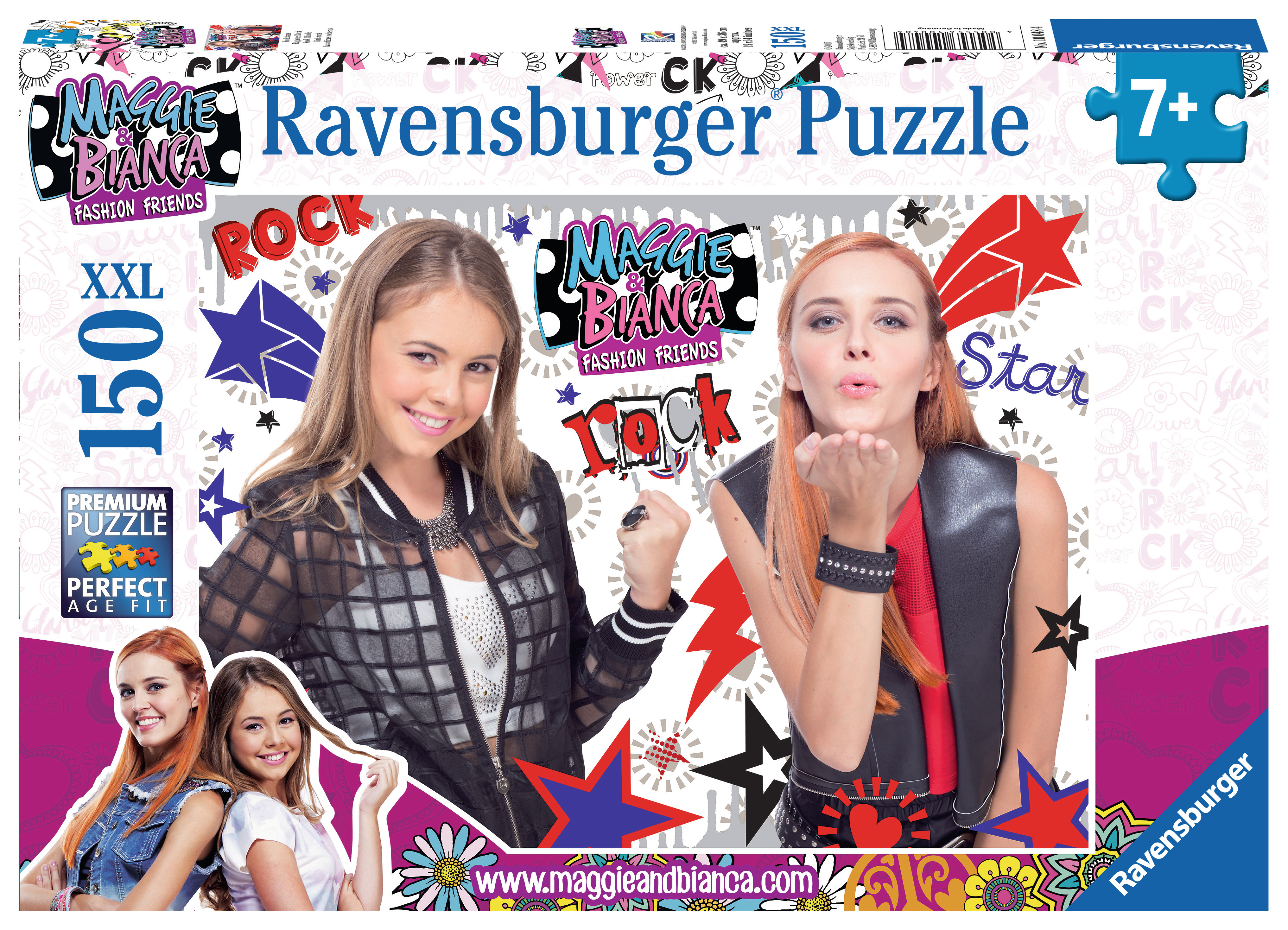 Scatola puzzle con due ragazze. Una manda un bacio, l'altra sorride. Sono mostrati "Maggie & Bianca" e "Ravensburger".
