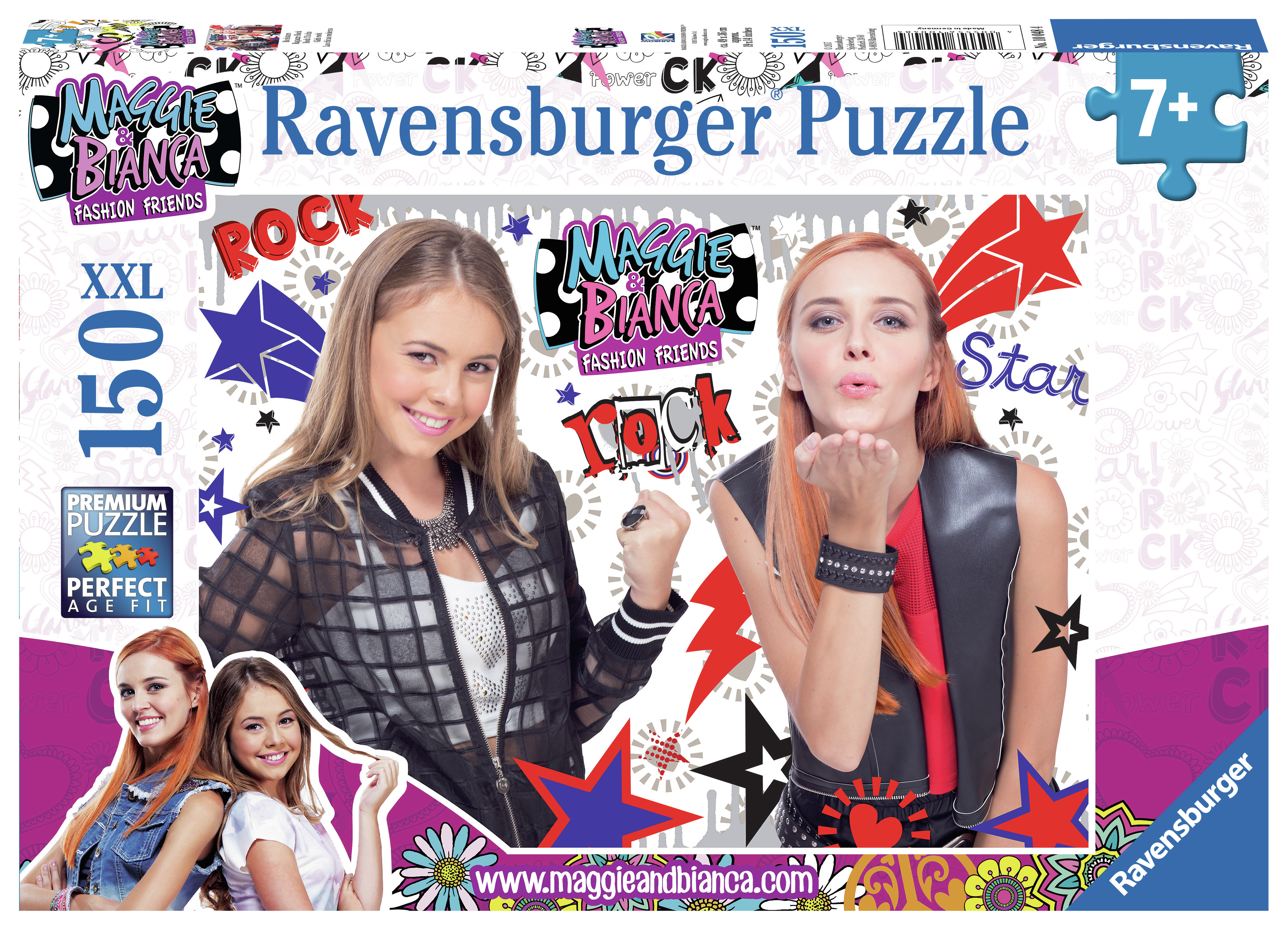 Scatola puzzle con due ragazze. Una manda un bacio, l'altra sorride. Sono mostrati "Maggie & Bianca" e "Ravensburger".