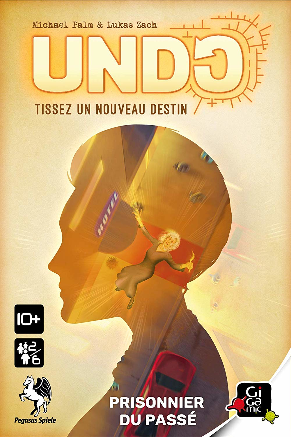 Eine Brettspielbox mit Text und einer Illustration einer stürzenden Frau auf farbenfrohem Hintergrund.