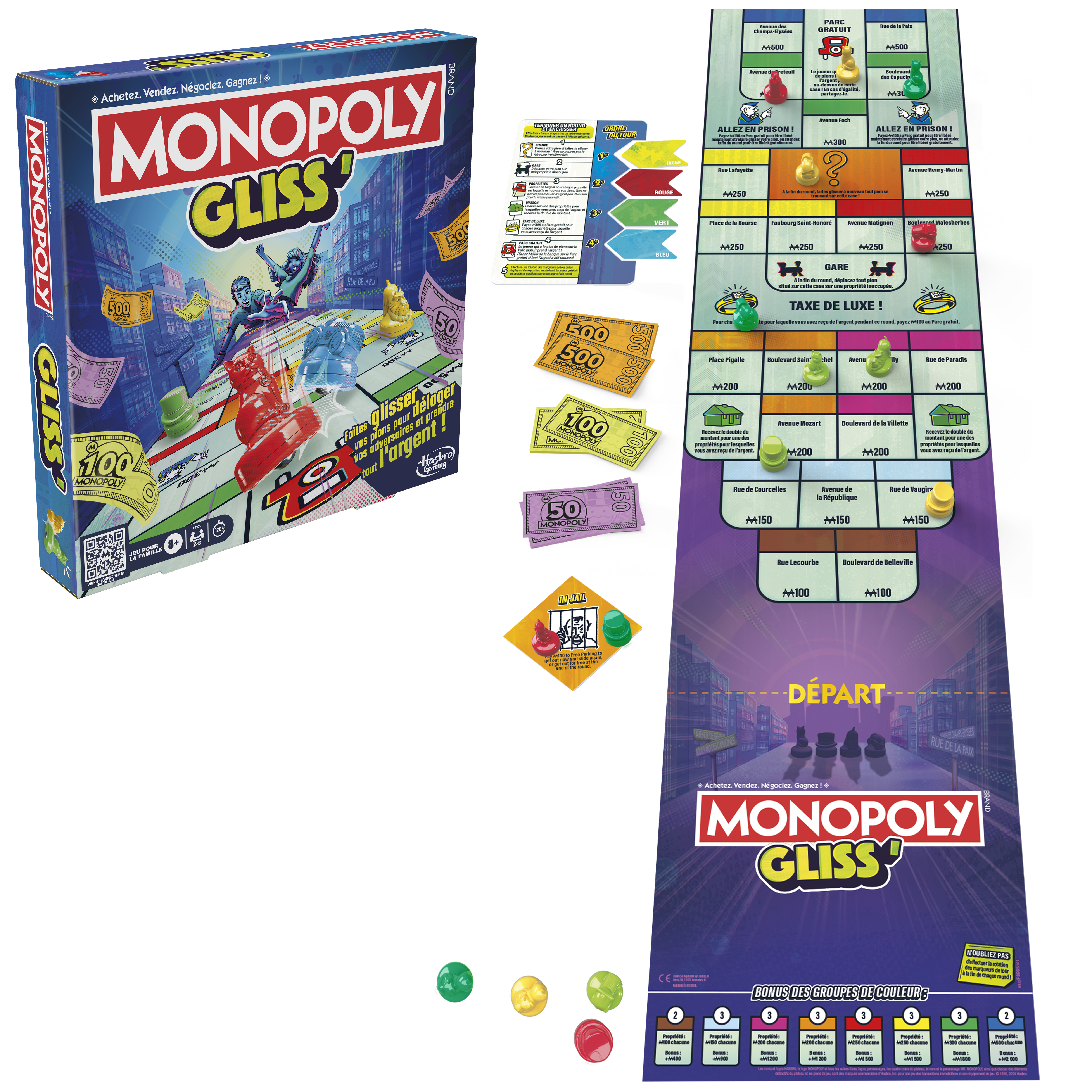 Monopoly-Brettspielbox und -Komponenten, einschließlich Geld und Spielbrett.
