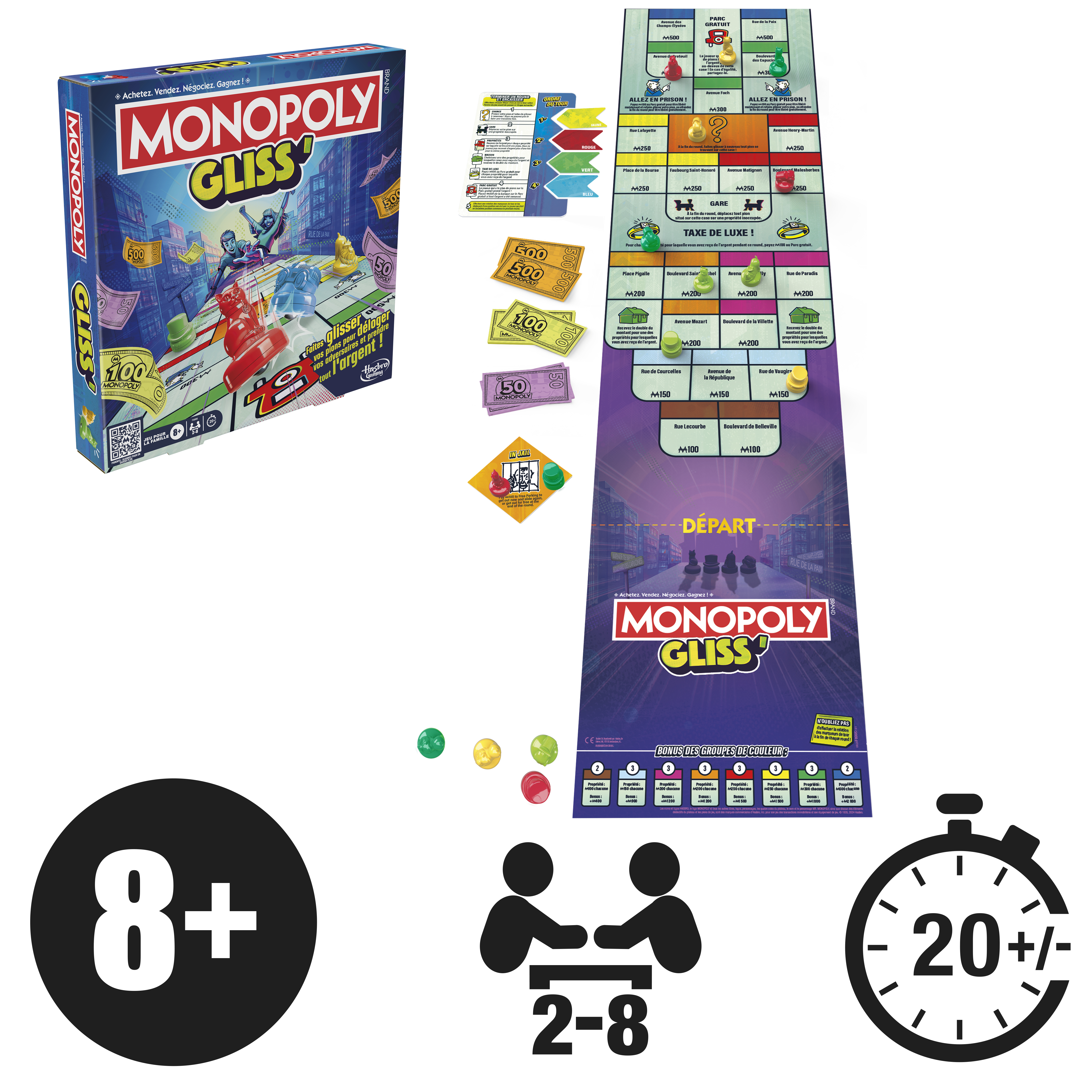 Monopoly Gliss Spielbox. Blaue Box mit Monopoly-Logo, Spielbrett, Geld und Spielsteinen.