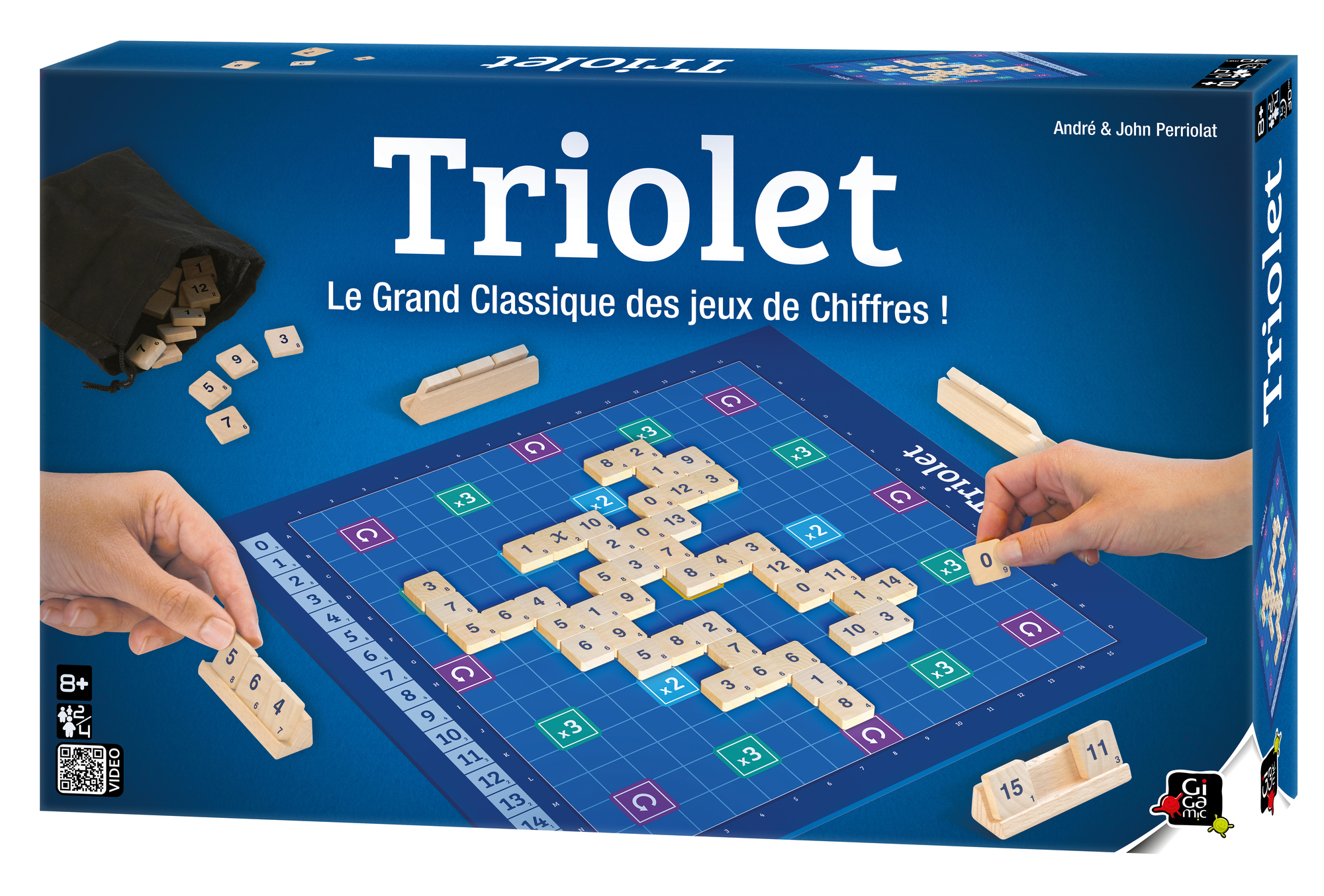 Pudełko gry planszowej, 'Triole', z planszą, kafelkami i grającymi rękami. Niebieskie tło.