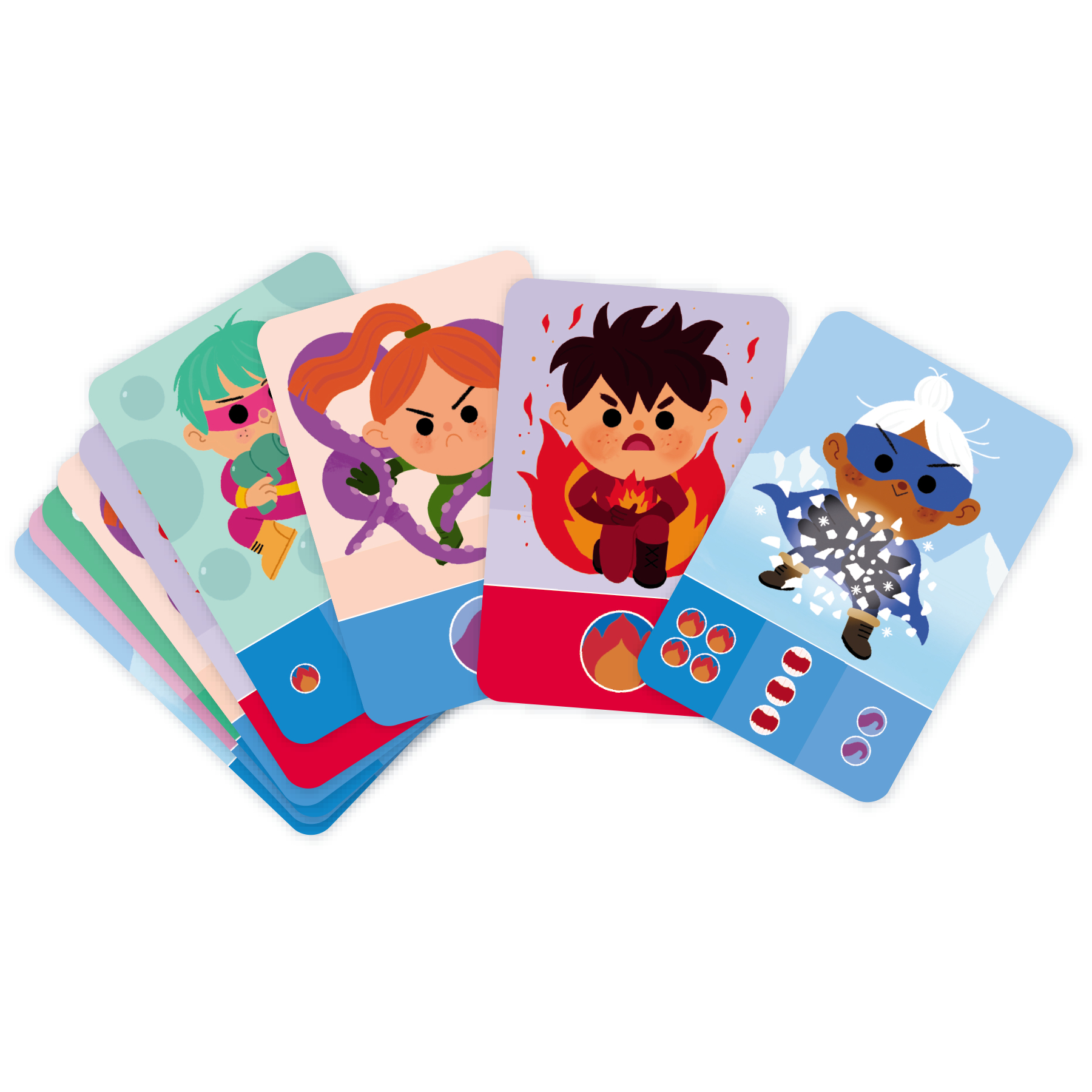 Karty superbohaterów w akcji. Kolorowe ilustracje na białym tle.