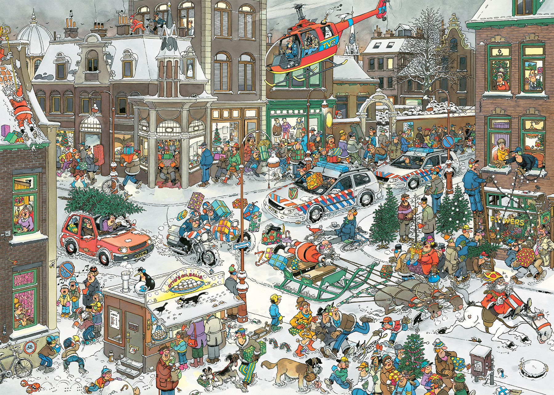 Een winterse scène met veel mensen, gebouwen, een helikopter en een kerstboom.