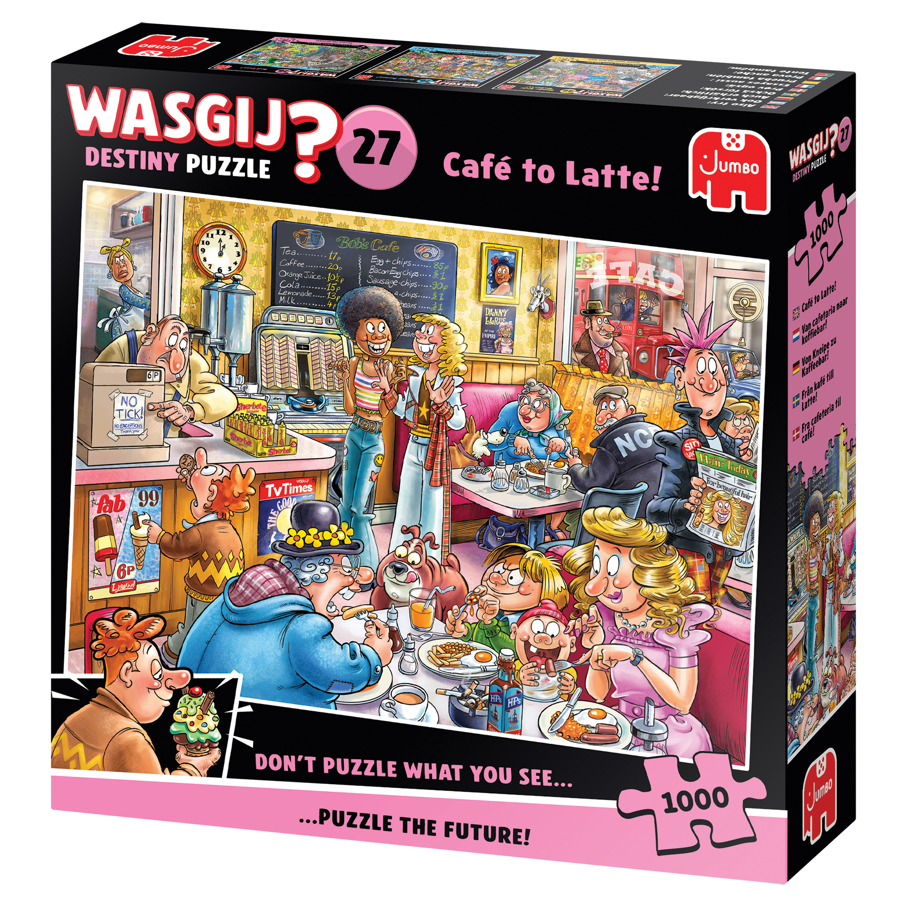 Een Jumbo Wasgij? Destiny puzzeldoos met een cartooncaféscène met veel personages.