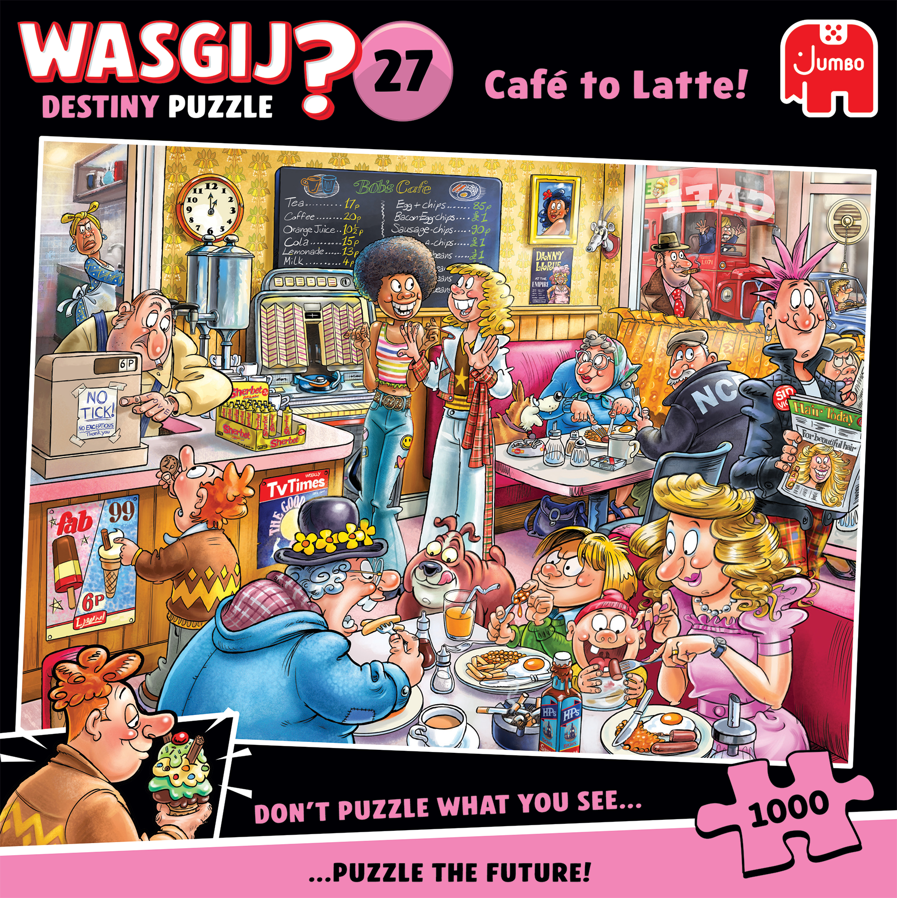 Een Jumbo Wasgij? Destiny puzzeldoos met een cartooncaféscène met veel personages.