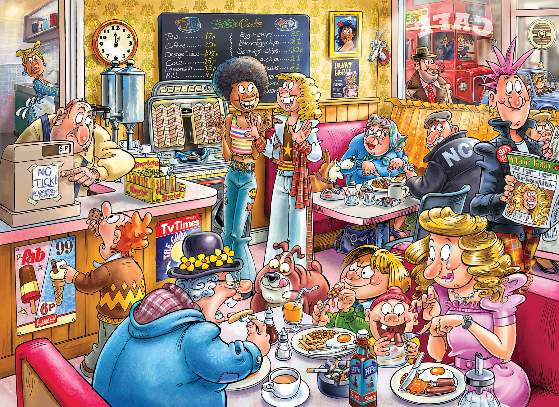 Een cartooncaféscène met veel personages. Mensen eten en praten in een retro-diner.