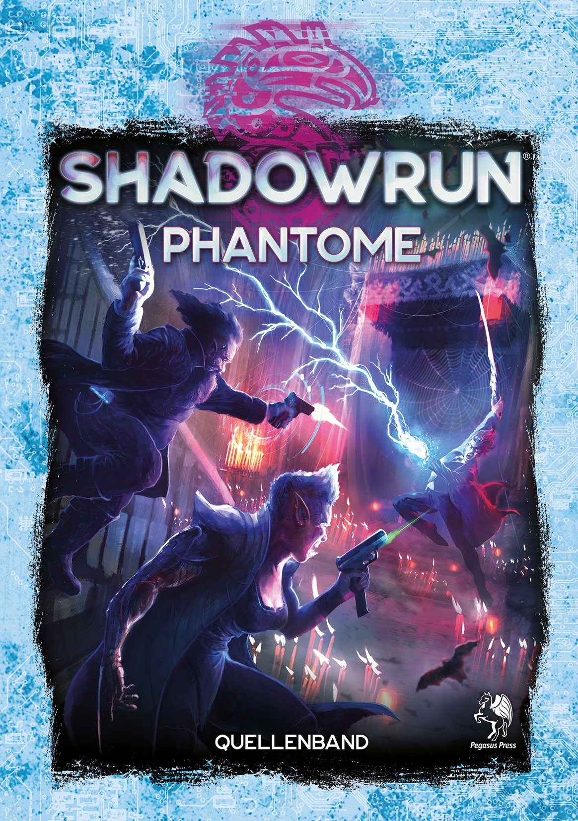 Buchcover mit Science-Fiction-Charakteren in einer Actionszene mit Waffen und Energiestrahlen. Der Titel lautet Shadowrun Phantome.