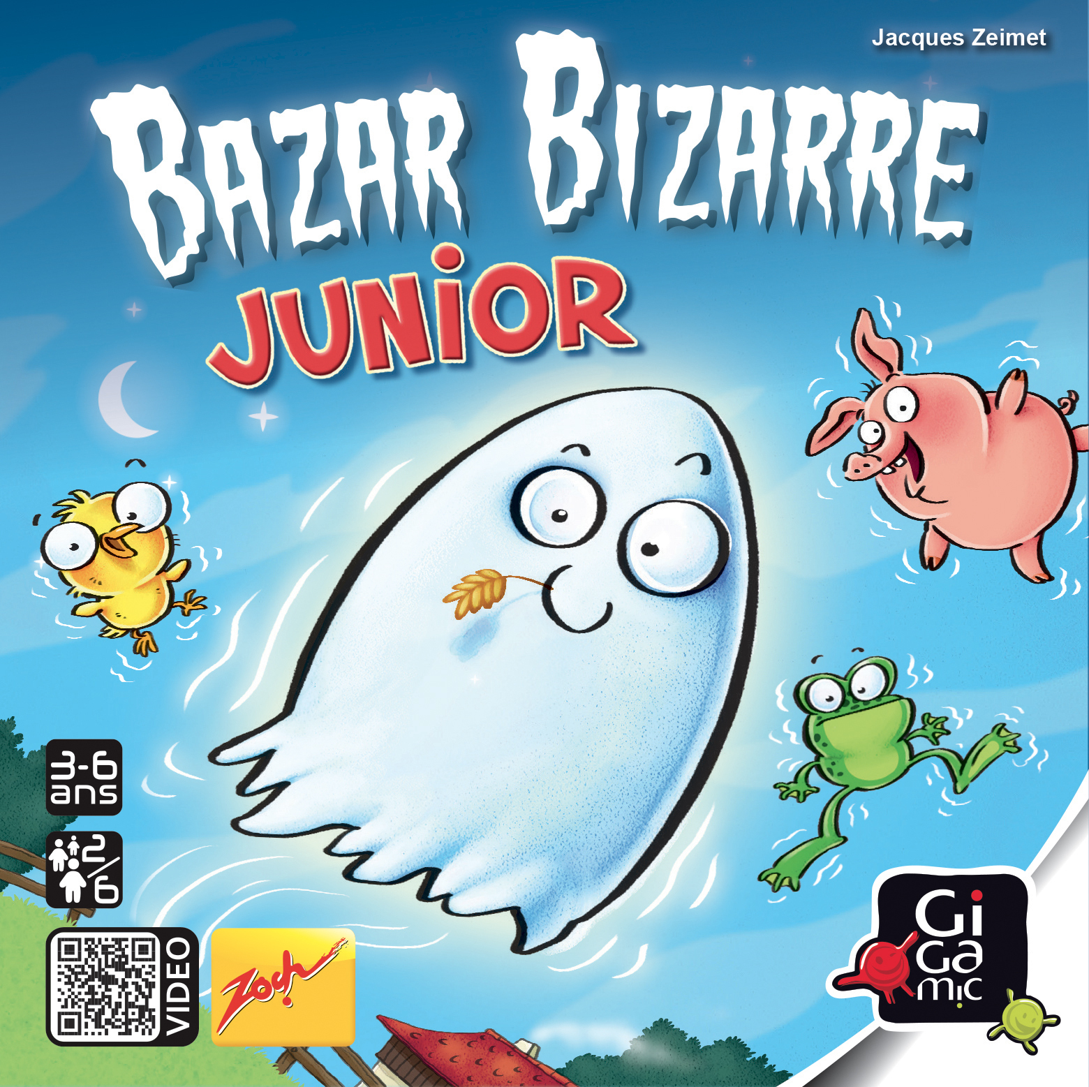 Bazar Bizarre Junior Spielbox mit einem Cartoon-Geist und Tieren.