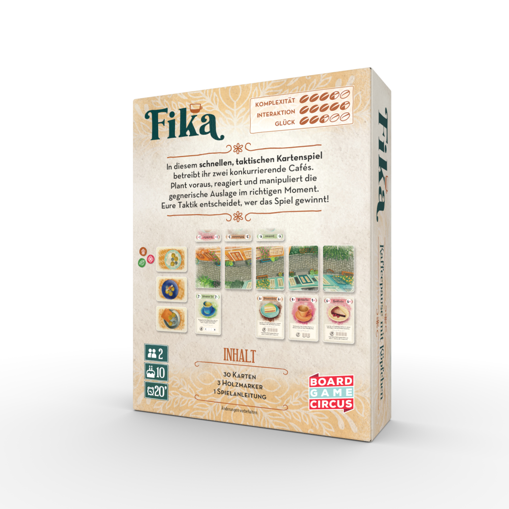 Fika Brettspielbox mit Kaffee- und Kuchenbildern und Inhaltsübersicht.