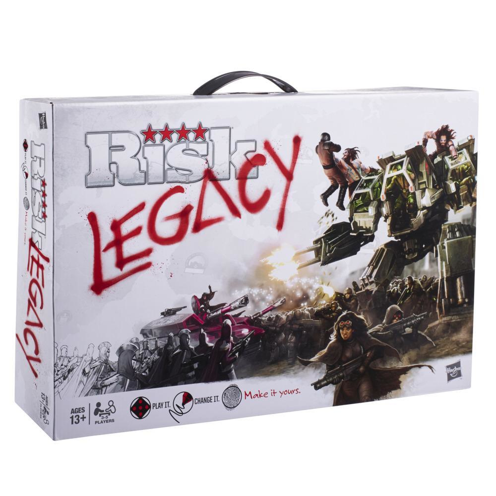 Caja de juego con una escena de guerra pintada. El título es Risk Legacy. Muestra una caja con los componentes del juego.