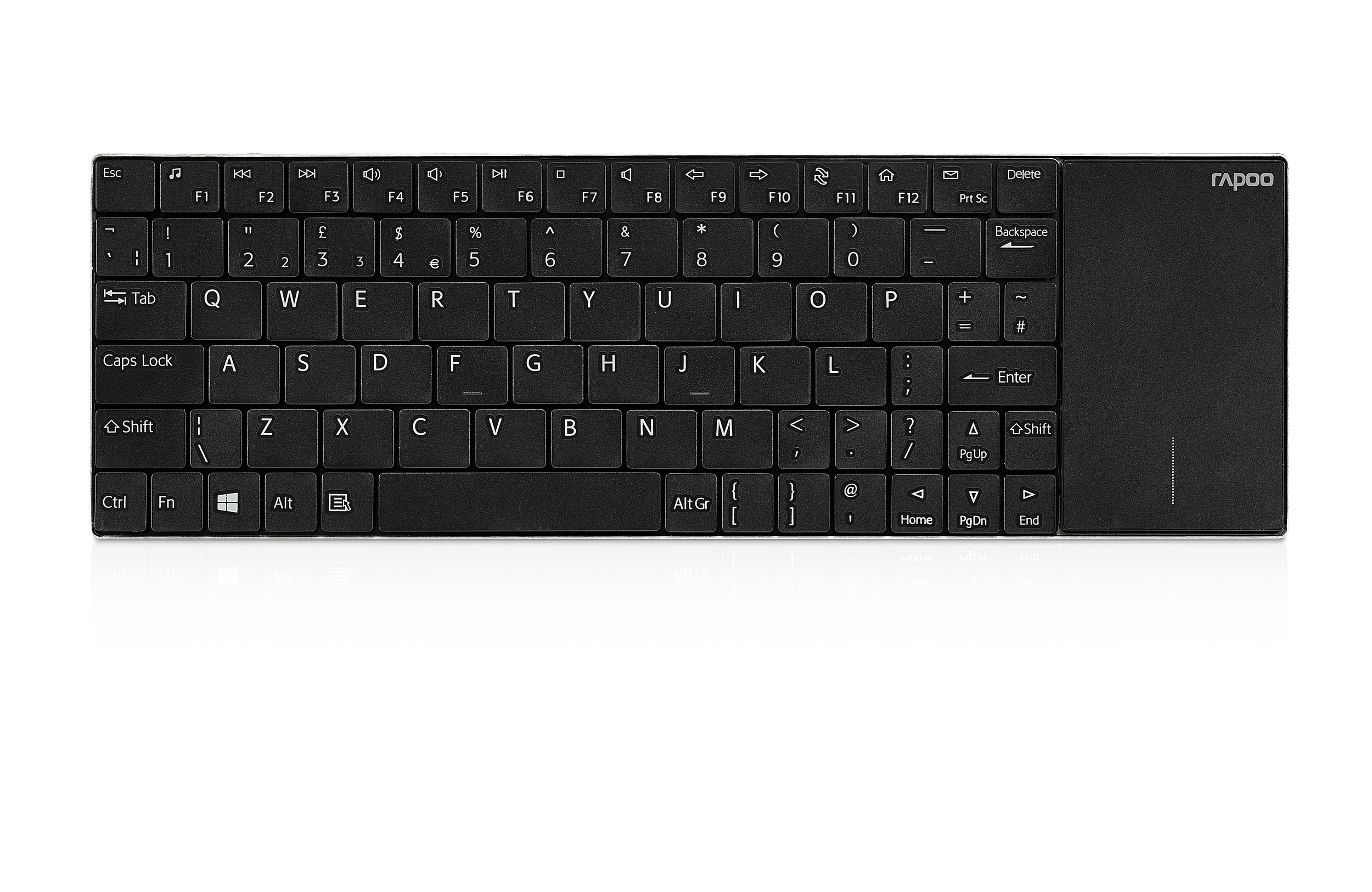 Un clavier noir avec un pavé tactile sur le côté droit. Les touches ont des lettres et symboles.