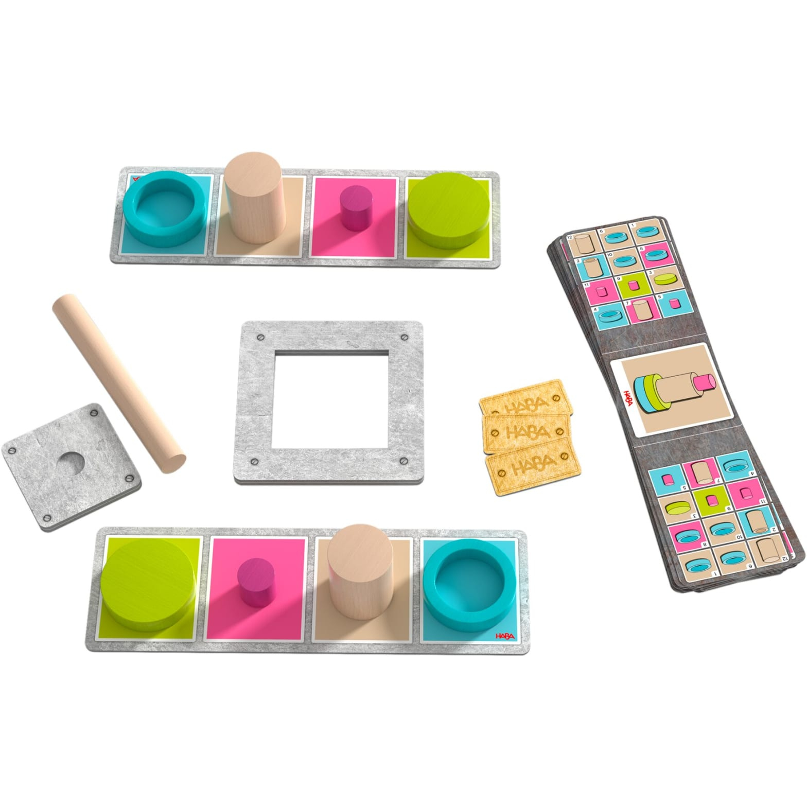 Spielsteine: Quadrate, Kreise und Zylinder in verschiedenen Farben. Holzstab und Rahmen.