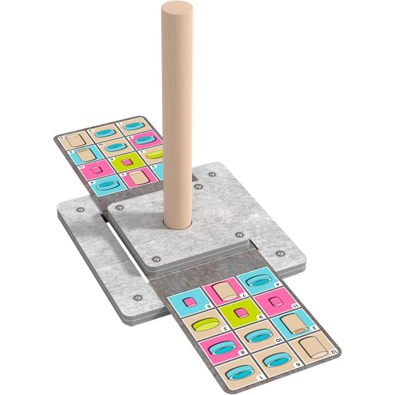 Ein Holzstiftspiel mit bunten Karten. Ein Stift steht zwischen zwei Karten mit farbigen Kreisen.