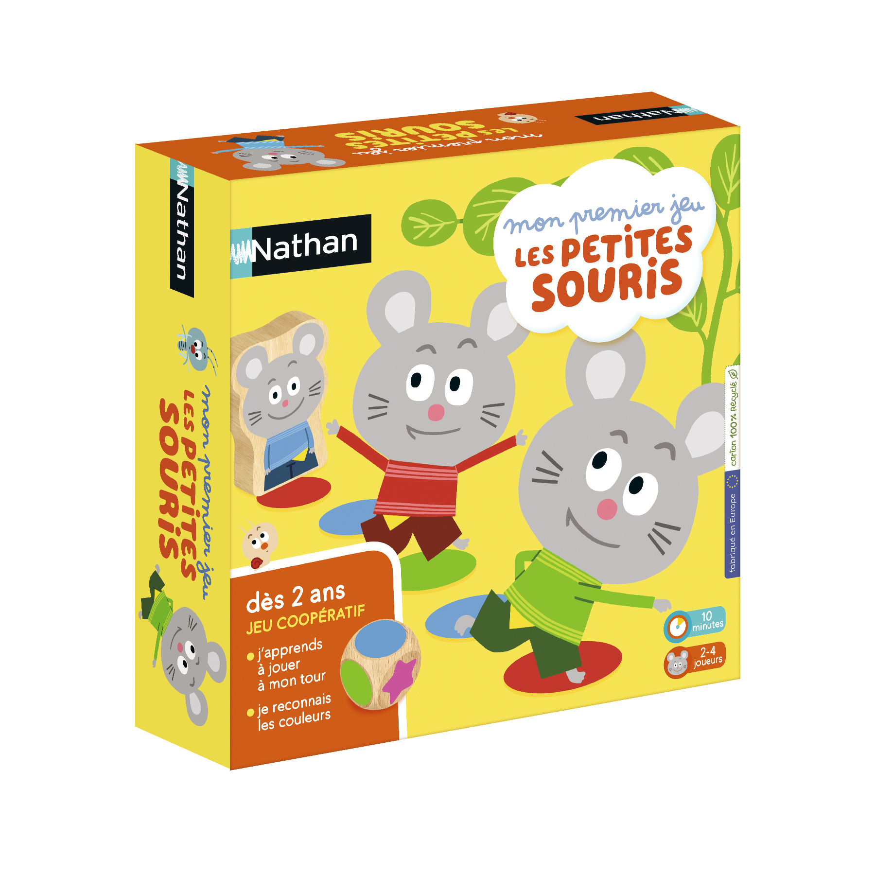 Bordspeldoos met cartoonmuizen. De titel is Les Petites Souris. De doos is geel en groen.