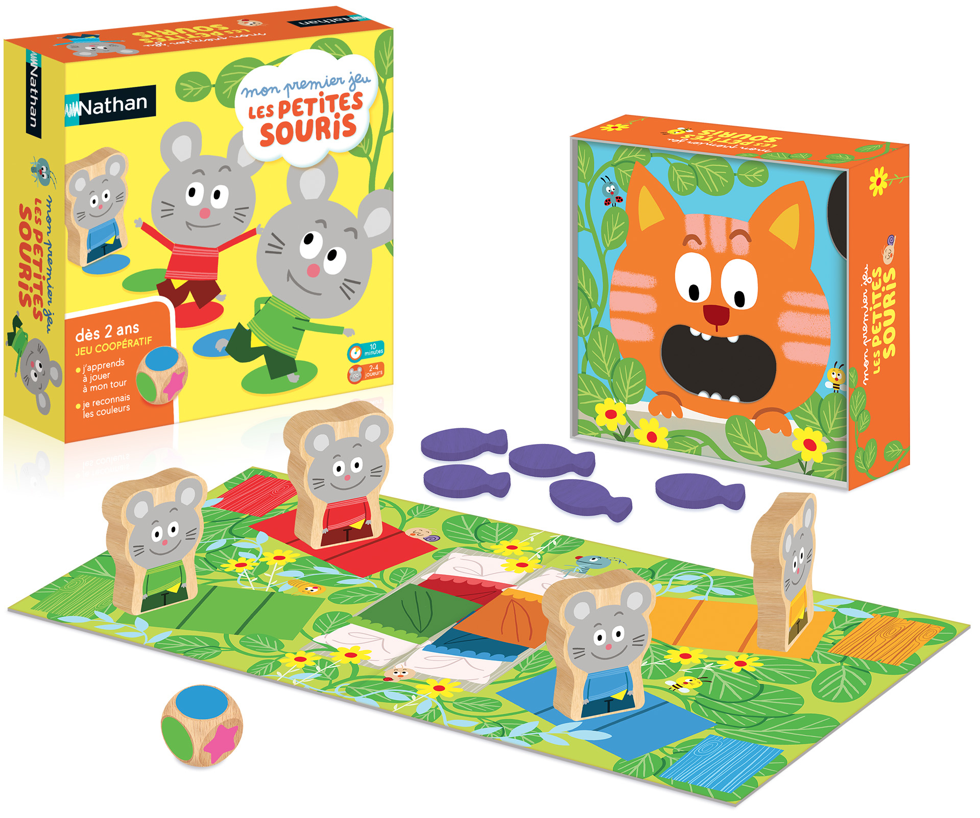 Bordspel met een kattenillustratie en houten muisfiguren op een groen bord.