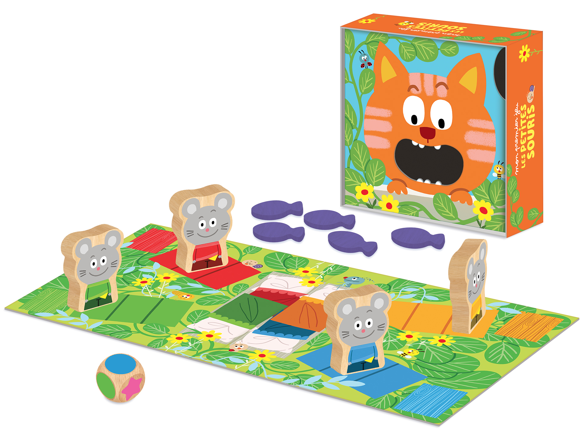 Een bordspel met houten muisfiguren, vissen en een kattenillustratie op een doos.