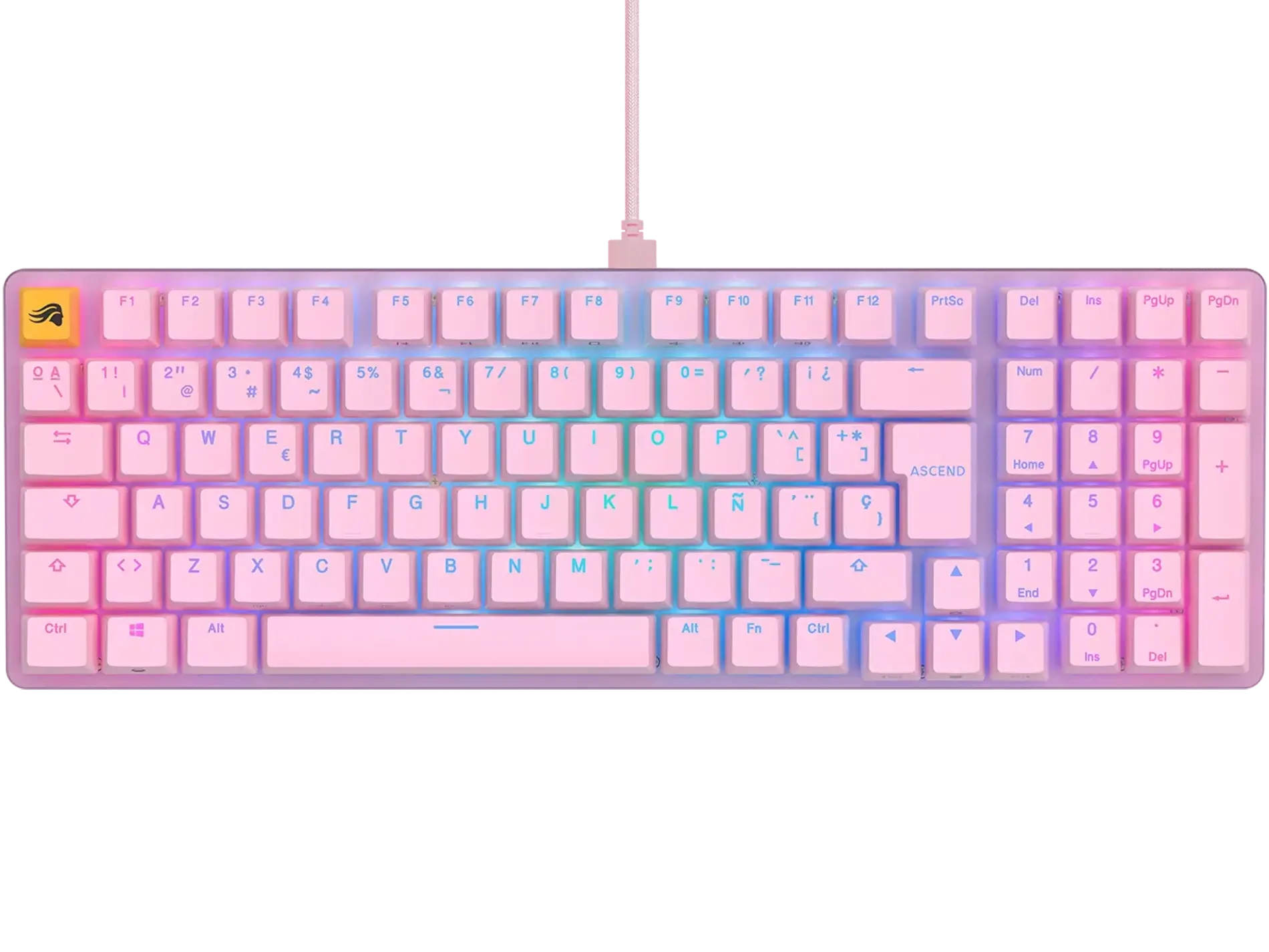 Rosa mechanische Tastatur mit farbigen Tasten, Funktionstasten und Kabelanschluss.