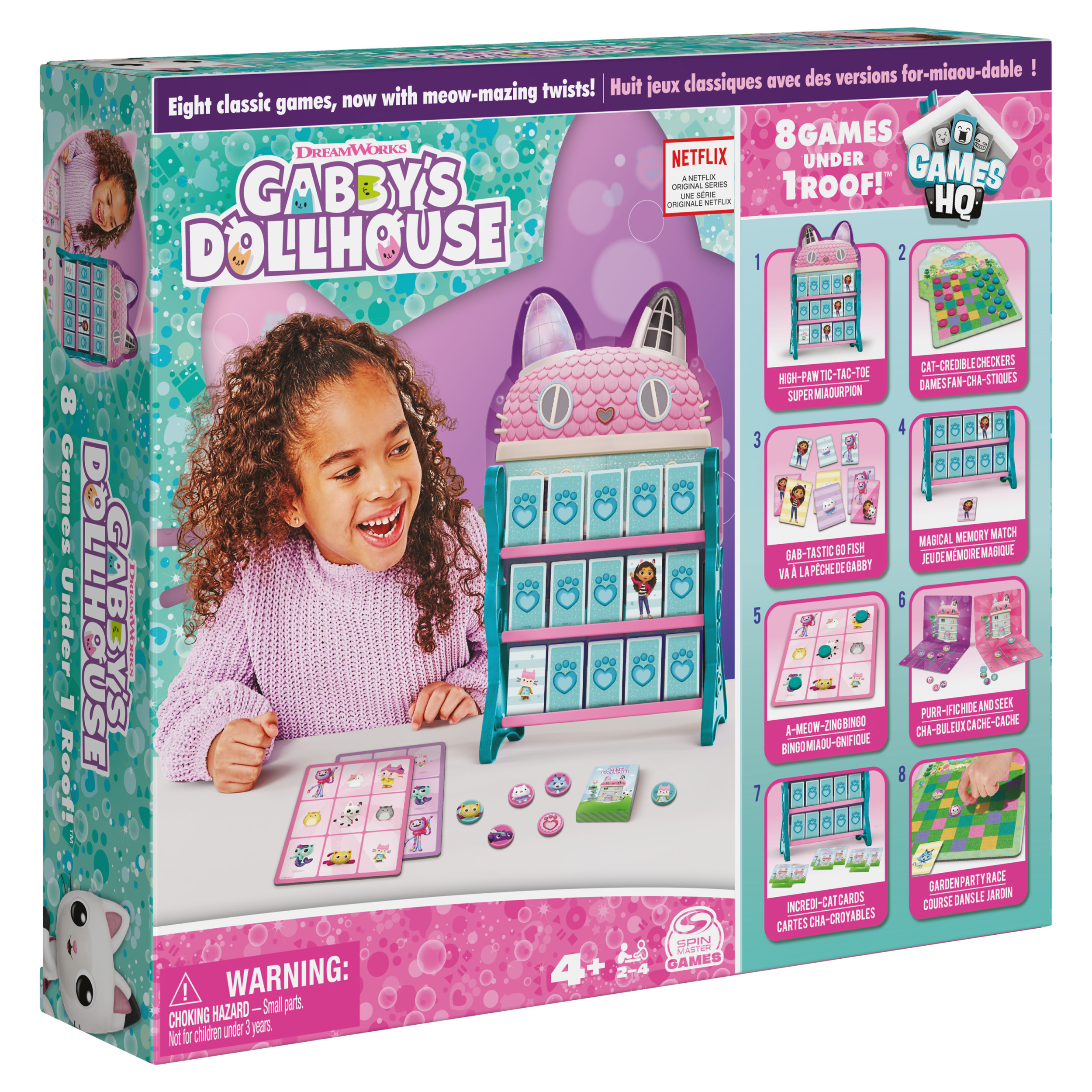 Boîte de jeu de société Gabby's Dollhouse. Une fille sourit, et la boîte montre les composants et les personnages du jeu.