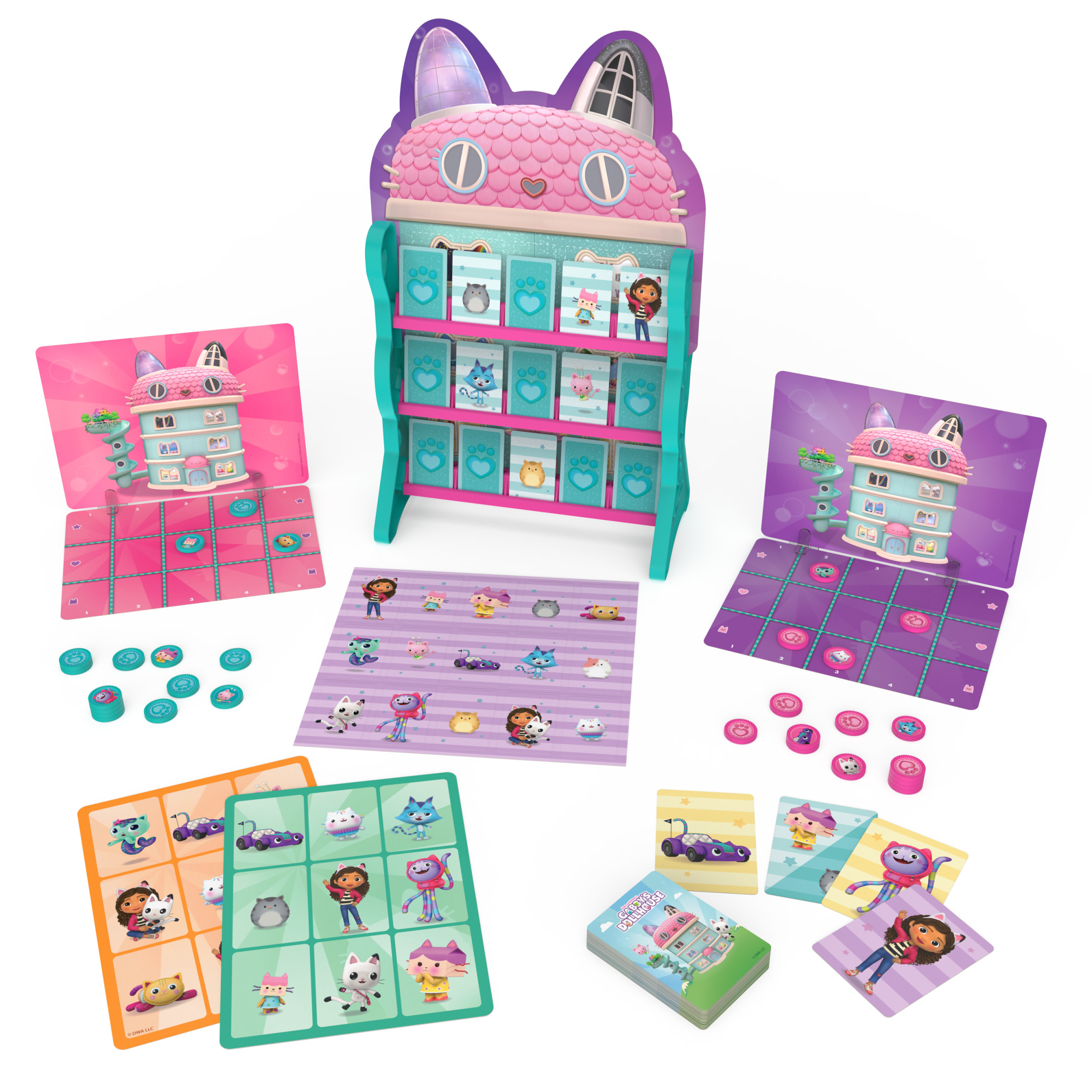 Ensemble de jeu de société Gabby's Dollhouse avec différents plateaux, cartes et une unité de rangement en forme de chat.
