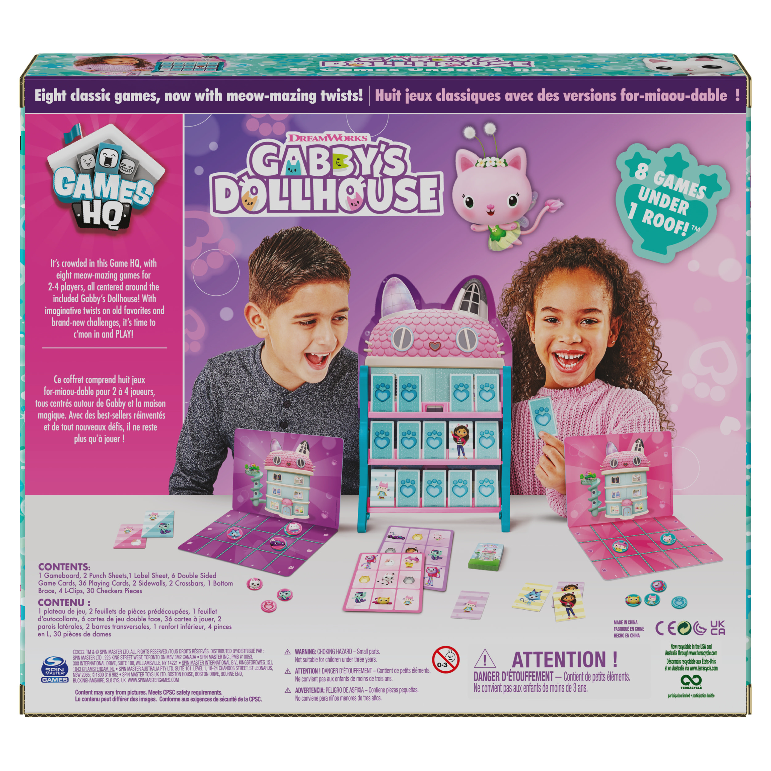 Dos d'une boîte de jeu de société Gabby's Dollhouse, avec des enfants jouant.