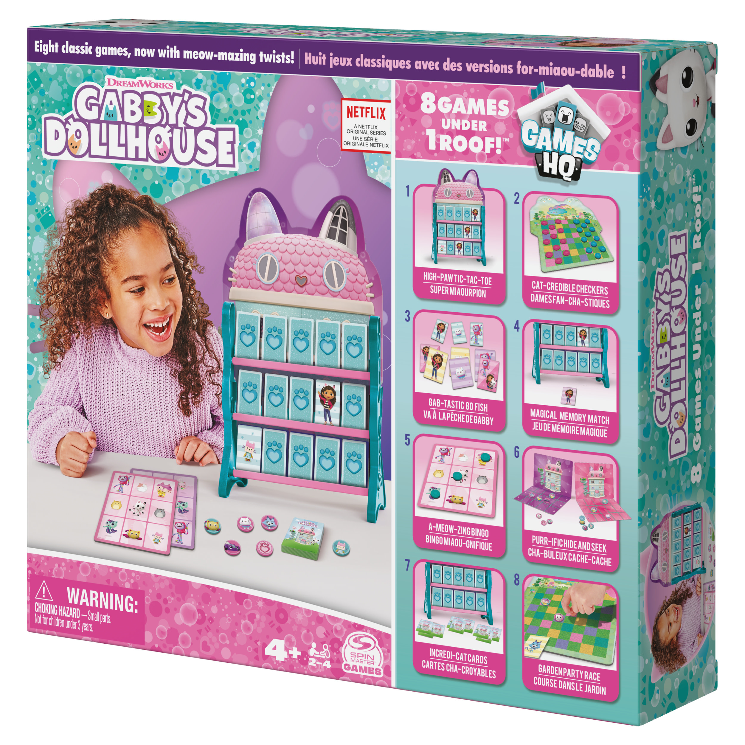 Boîte de jeu de société Gabby's Dollhouse. La fille sourit. La boîte montre les composants et les instructions du jeu.