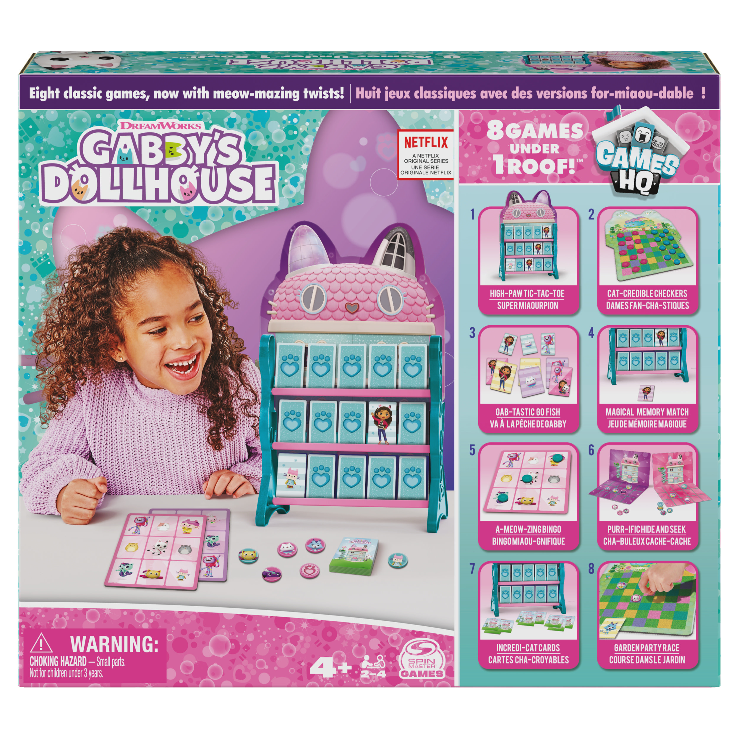 Boîte de jeu : Gabby's Dollhouse. Avec les composants du jeu et une fille.