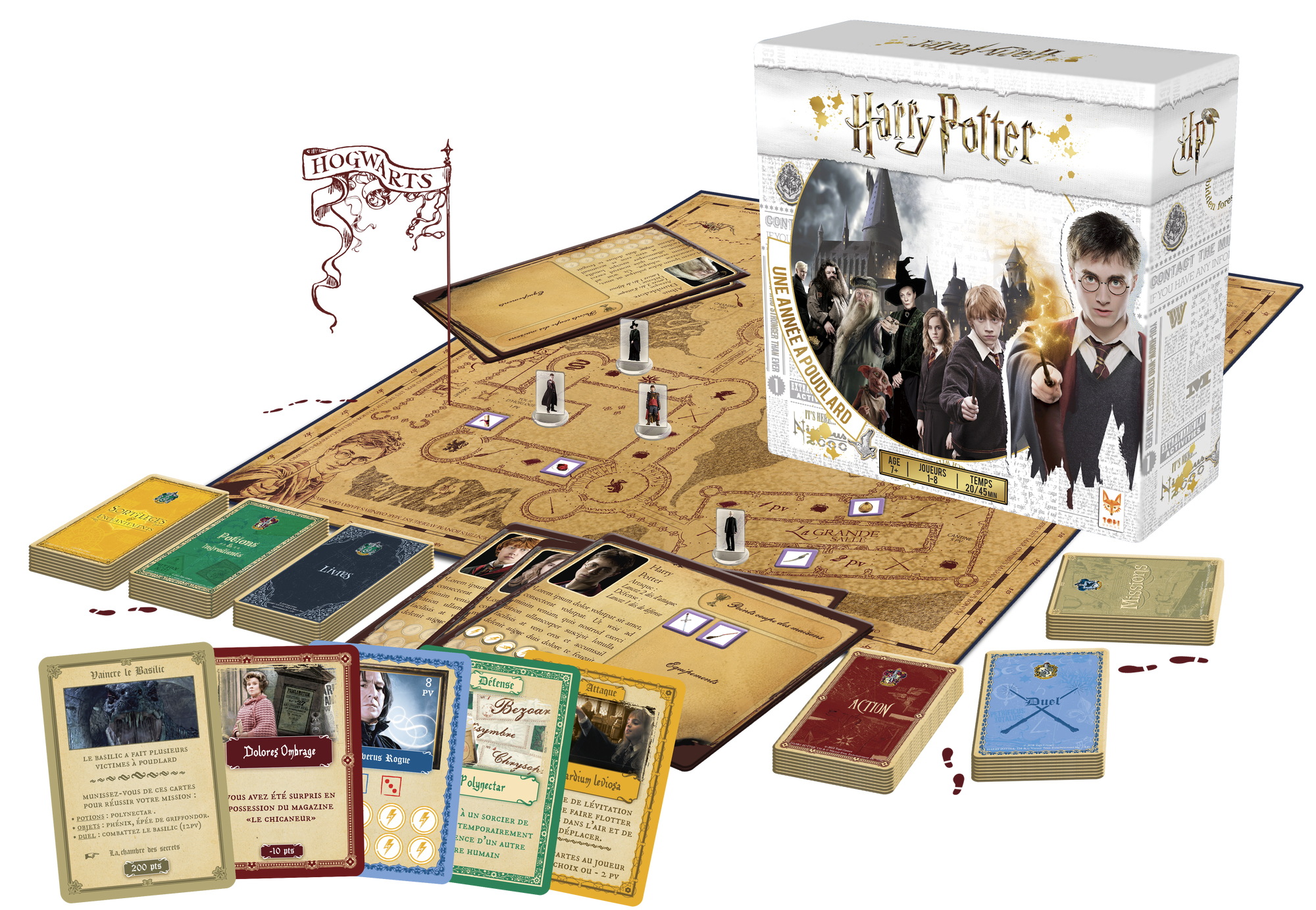 Harry Potter Brettspiel mit Karte, Karten, Figuren und einer Box. Das Spiel zeigt ein Hogwarts-Thema.