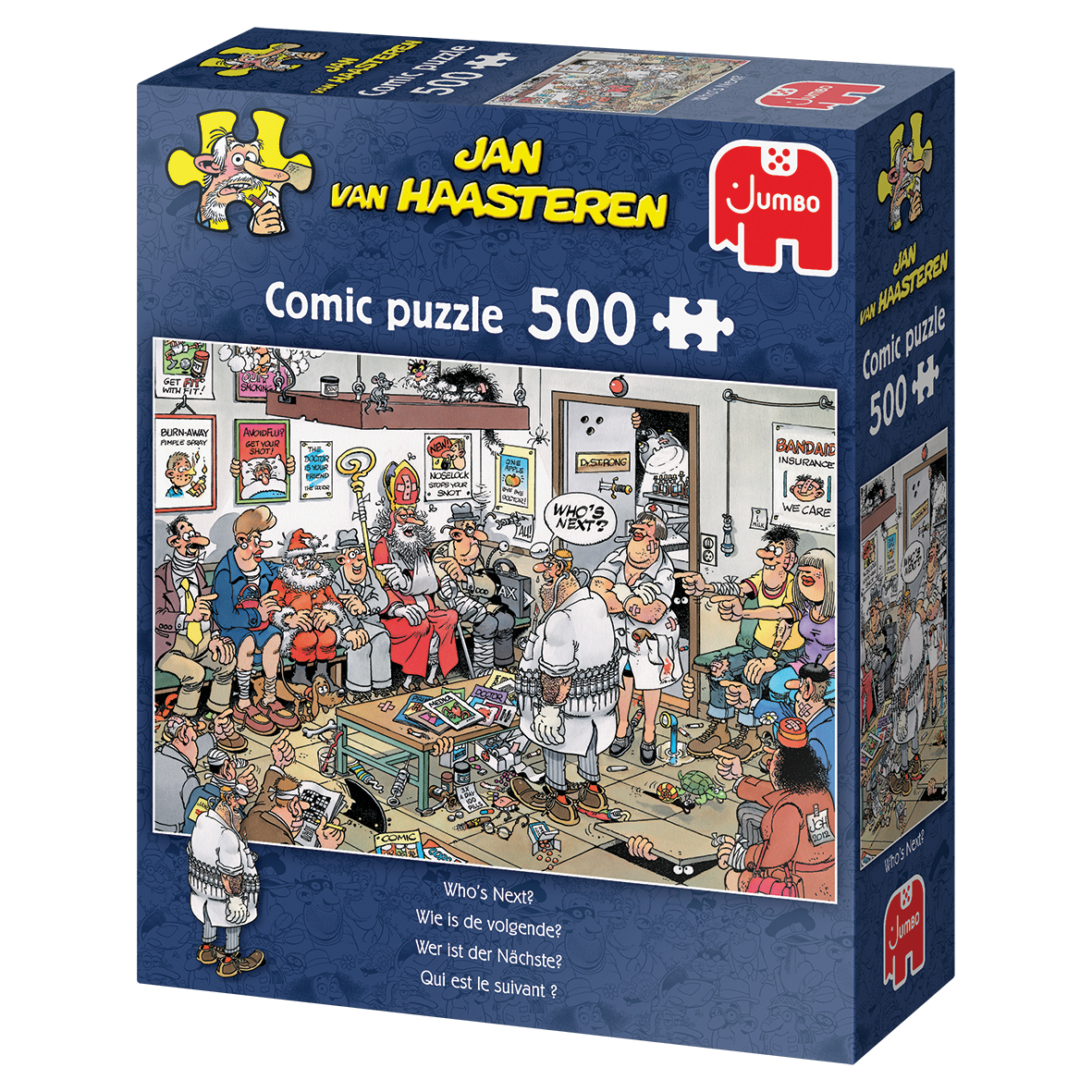 Caja de rompecabezas cómico de 500 piezas de Jan van Haasteren. Escena de dibujos animados con mucha gente en una oficina.