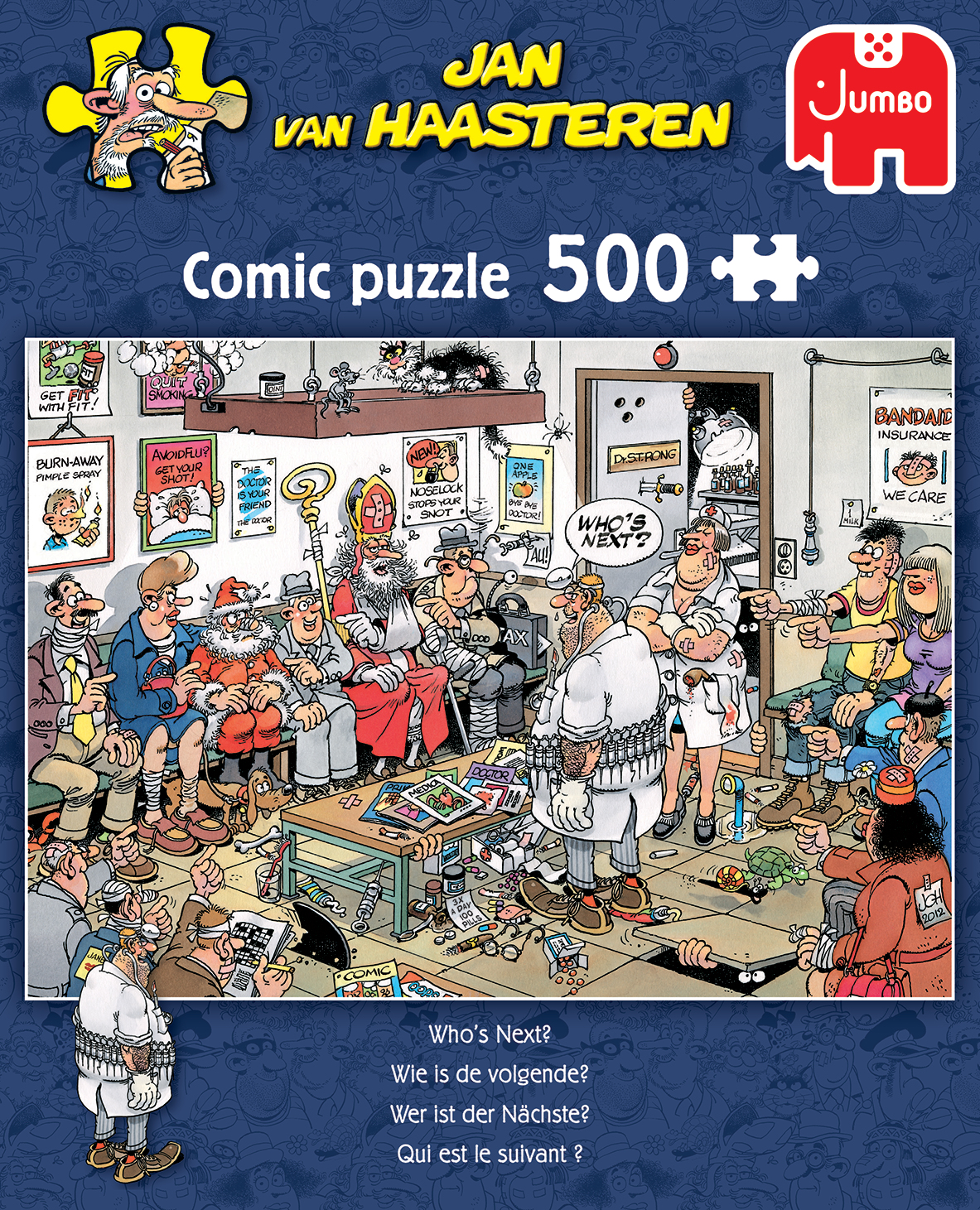 Caja de rompecabezas cómico de 500 piezas de Jan van Haasteren. Escena de dibujos animados con mucha gente en una oficina.