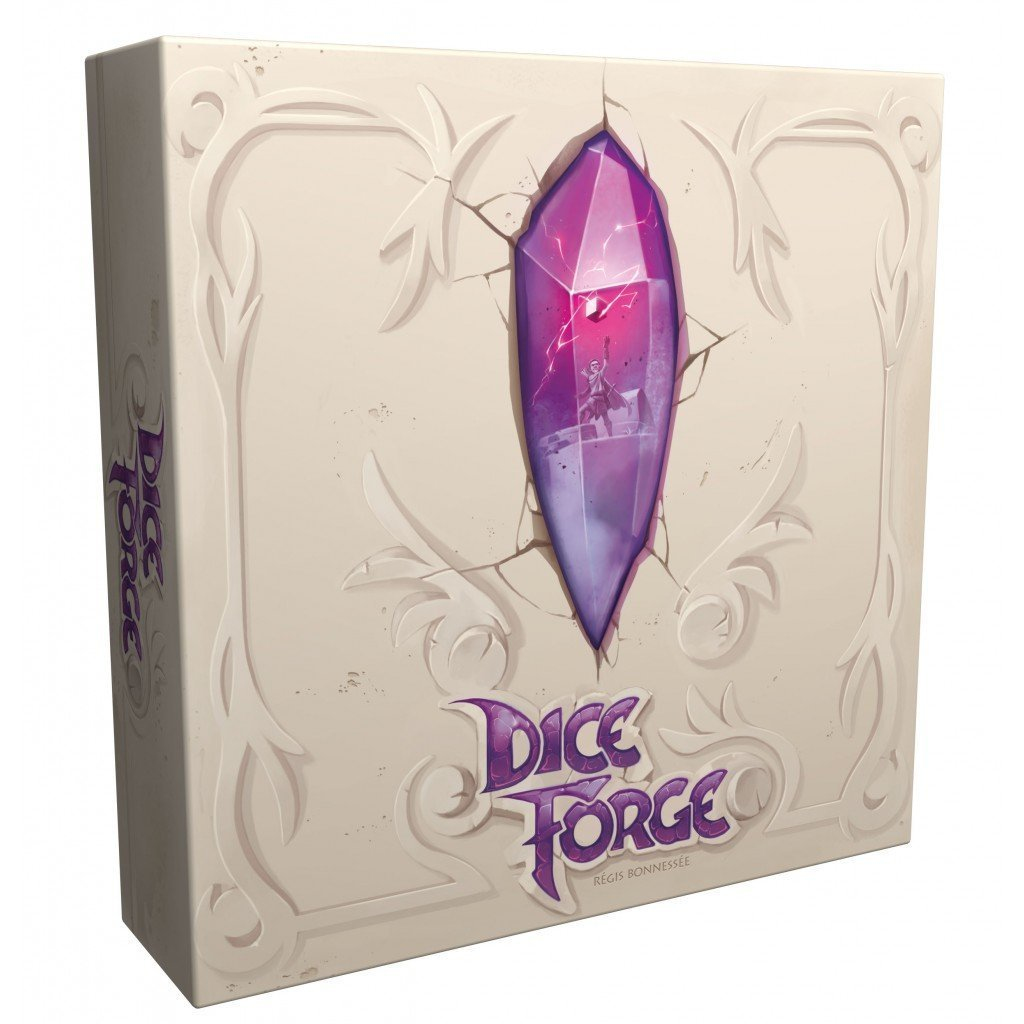 Brettspielbox mit einem lila Kristall. Die Box hat den Spieletitel 'Dice Forge'.