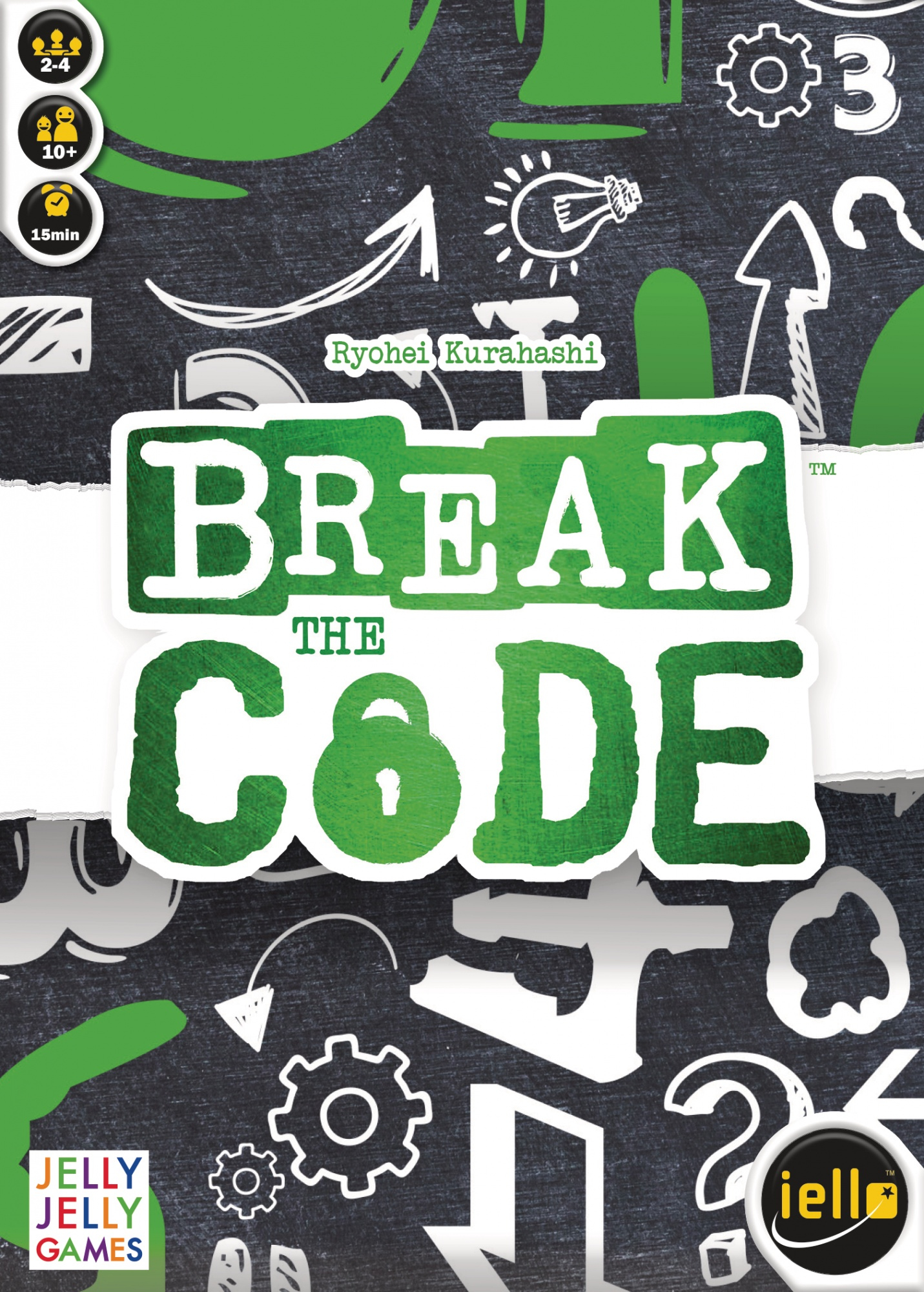 Break The Code-Spielbox auf Kreidetafel-Hintergrund. Grün mit weißem Text und Symbolen.