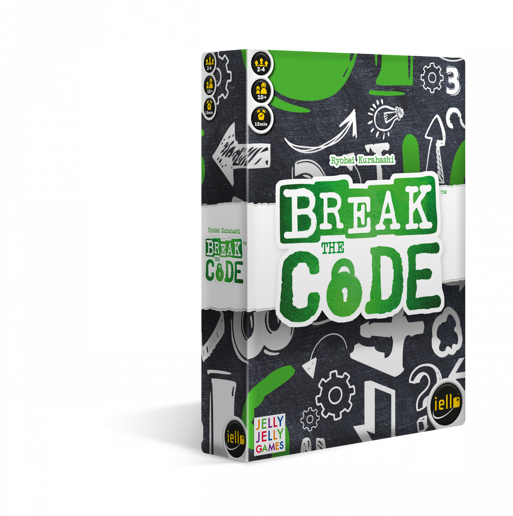 Break the Code-Spielbox. Grün und schwarz mit weißem Text und Symbolen. Das Spiel ist von iello.
