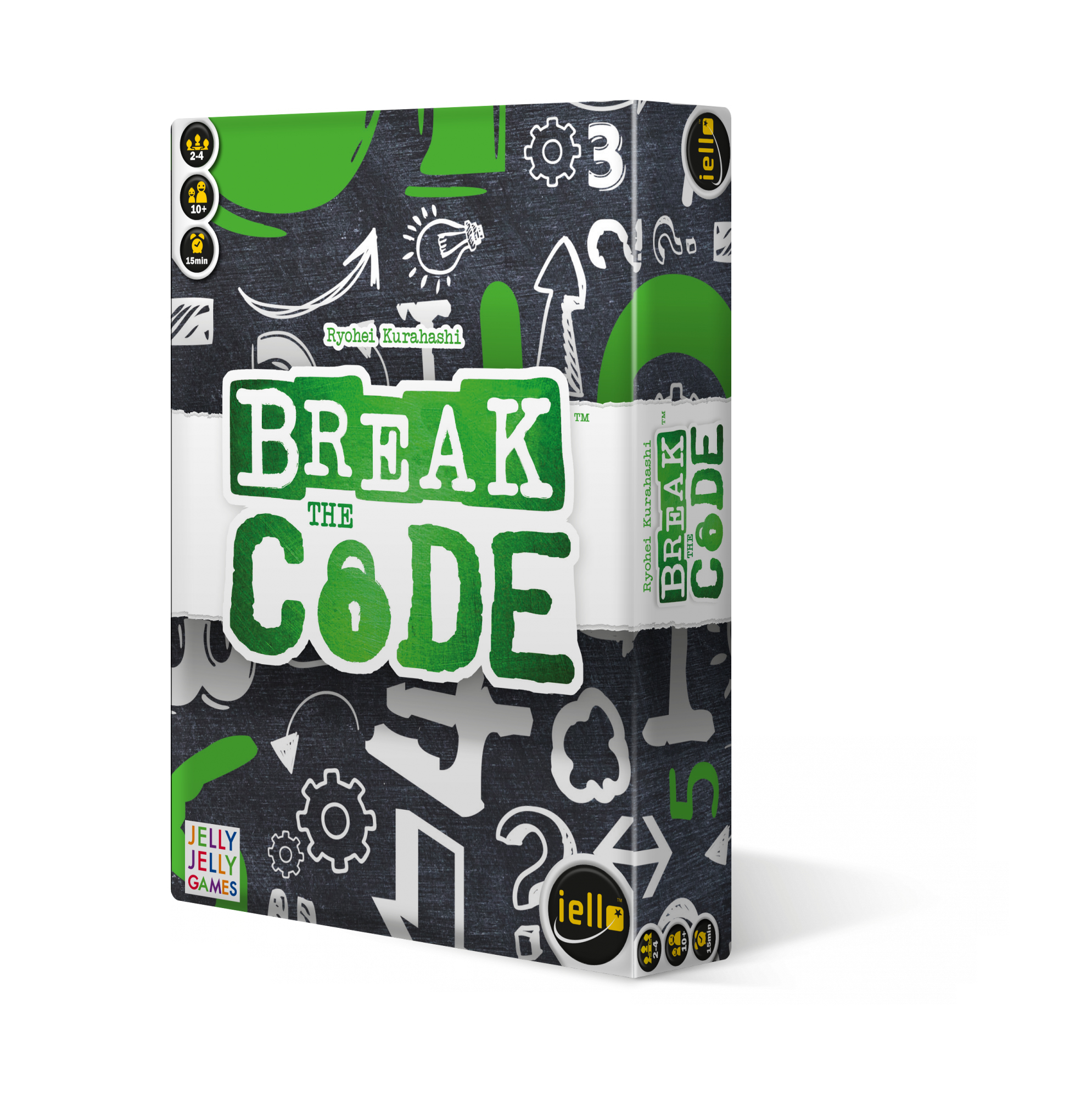 Break the Code Brettspielbox in Grün und Schwarz, mit weißem Text und Illustrationen. Weißer Hintergrund.