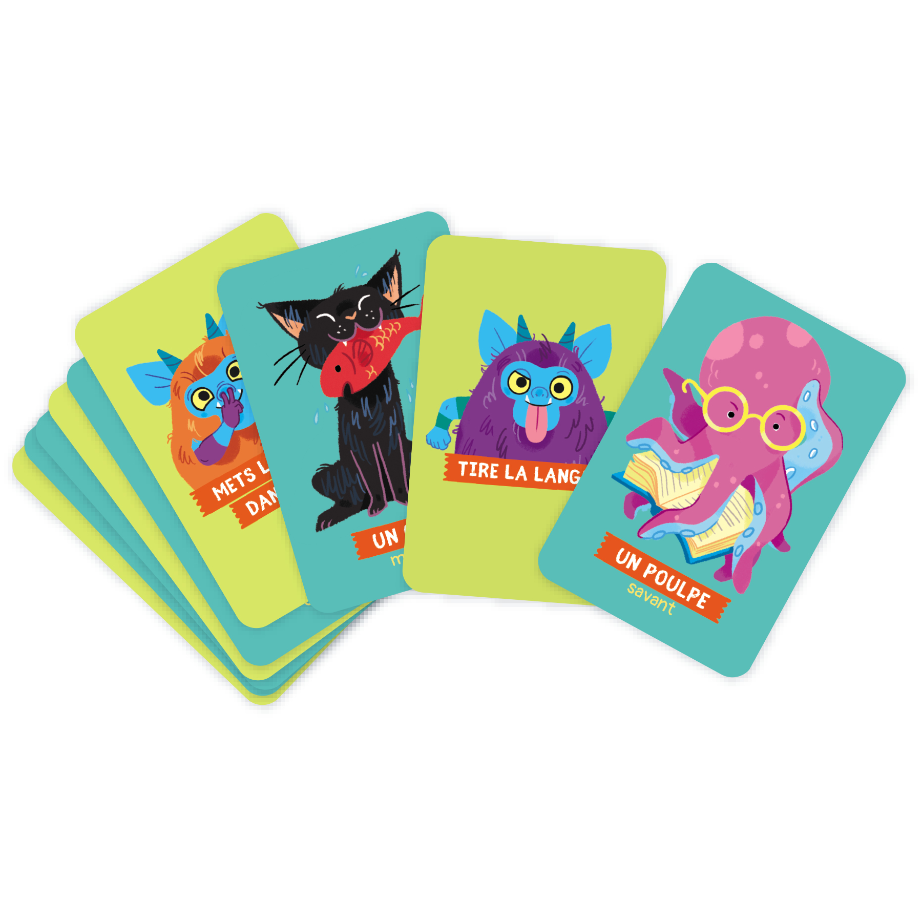 Gra karciana z różnymi ilustrowanymi kartami przedstawiającymi potwory i ośmiornicę czytającą książkę.