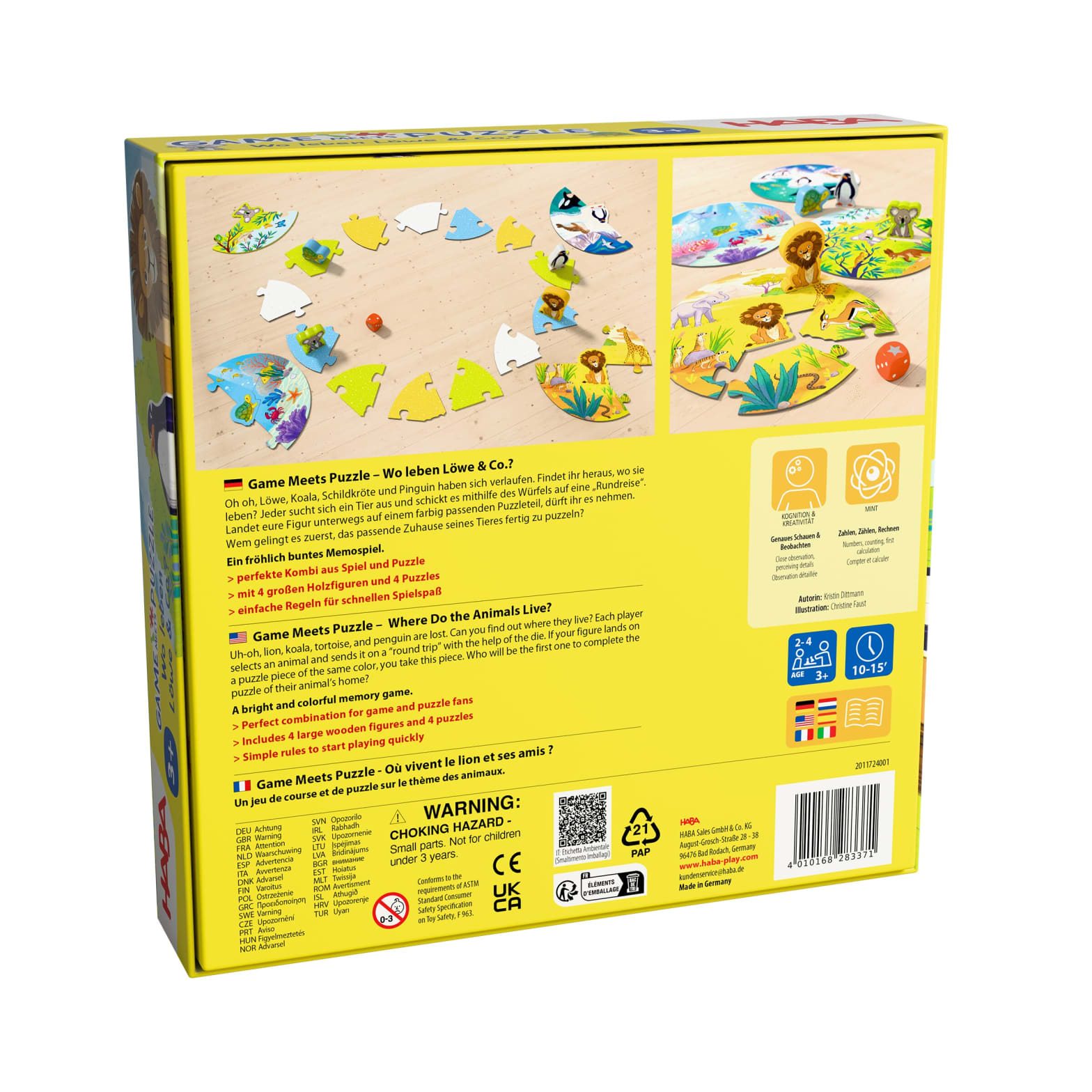 Dos de la boîte HABA Game Meets Puzzle. Texte sur le jeu avec illustrations. Fabriqué en Allemagne.