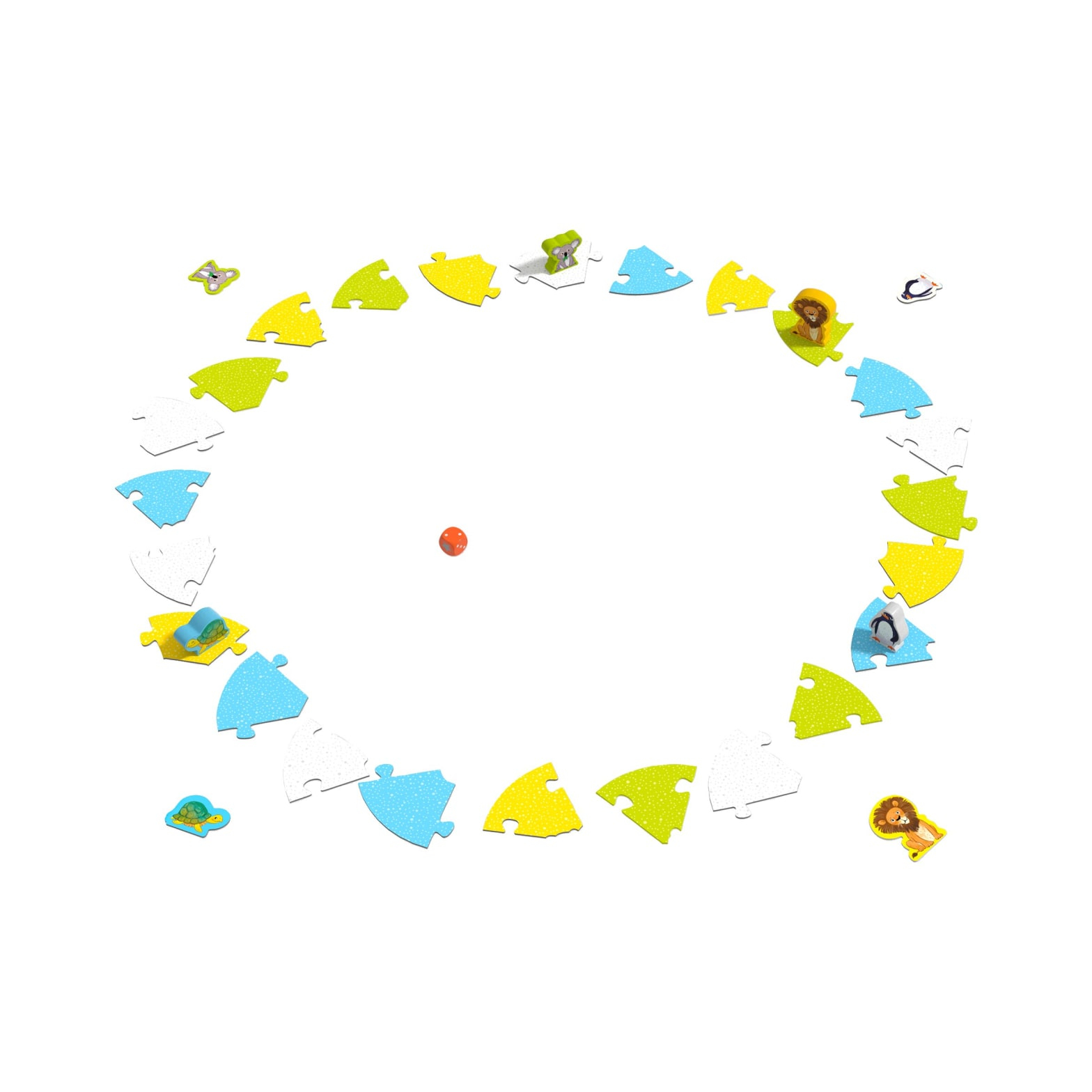 Un puzzle circulaire avec des formes d'animaux, un point rouge et un fond blanc.