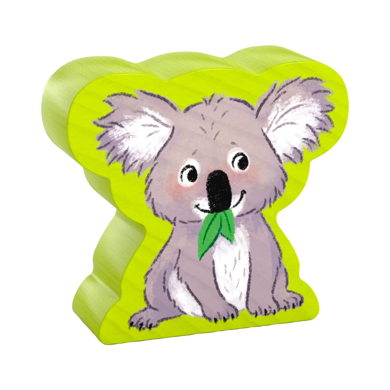 Pièce de jouet koala en bois. Vert et gris avec une feuille. Visage souriant.