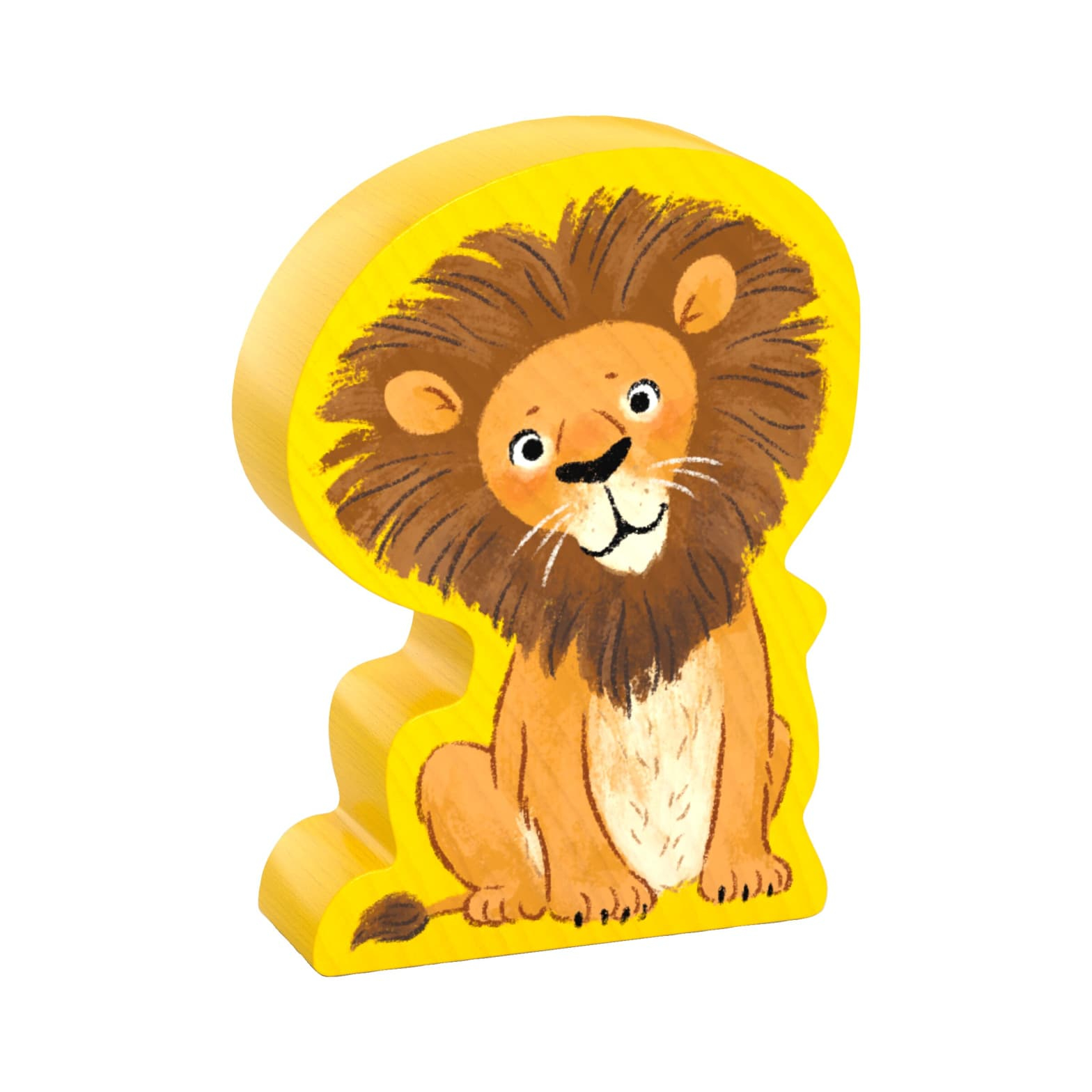 Jouet lion en bois avec crinière marron et fond jaune. Souriant avec une expression joyeuse.