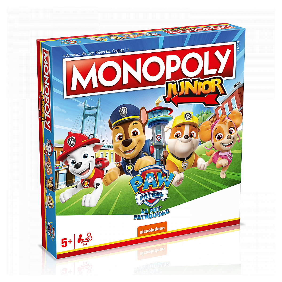 Monopoly Junior Paw Patrol speldoos met cartoonfiguren.