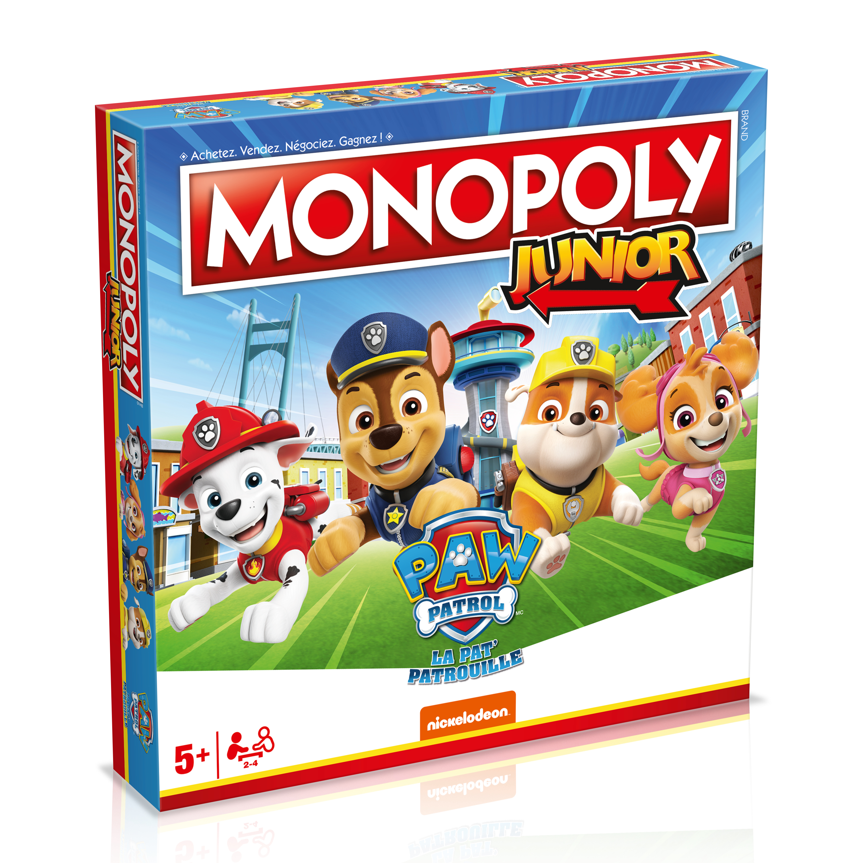 Monopoly Junior Paw Patrol doos met de personages Chase, Marshall, Rubble en Skye erop.