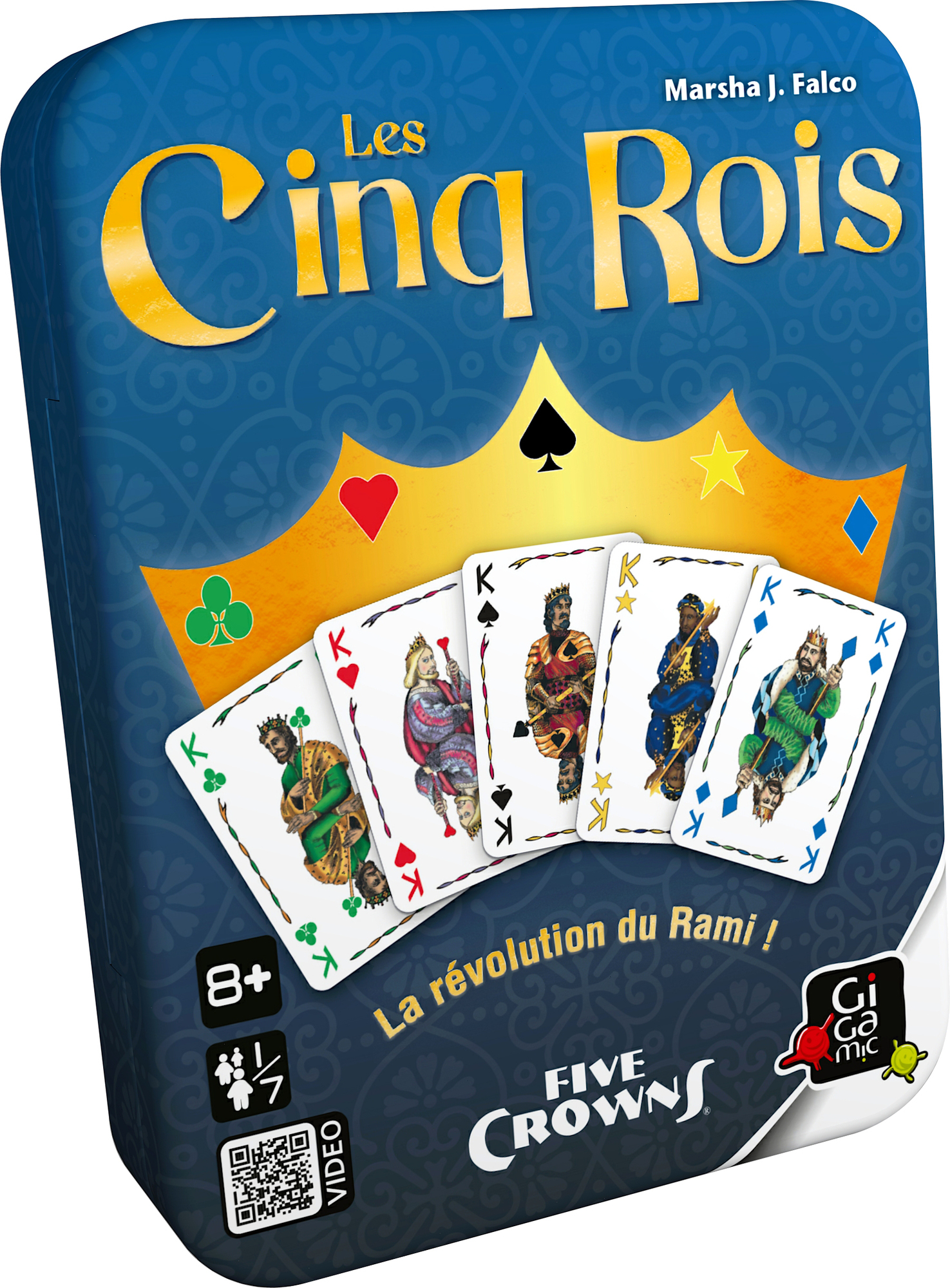 Eine Spielbox mit dem Titel Les Cinq Rois, mit Spielkarten, die Könige und Kartensymbole zeigen.