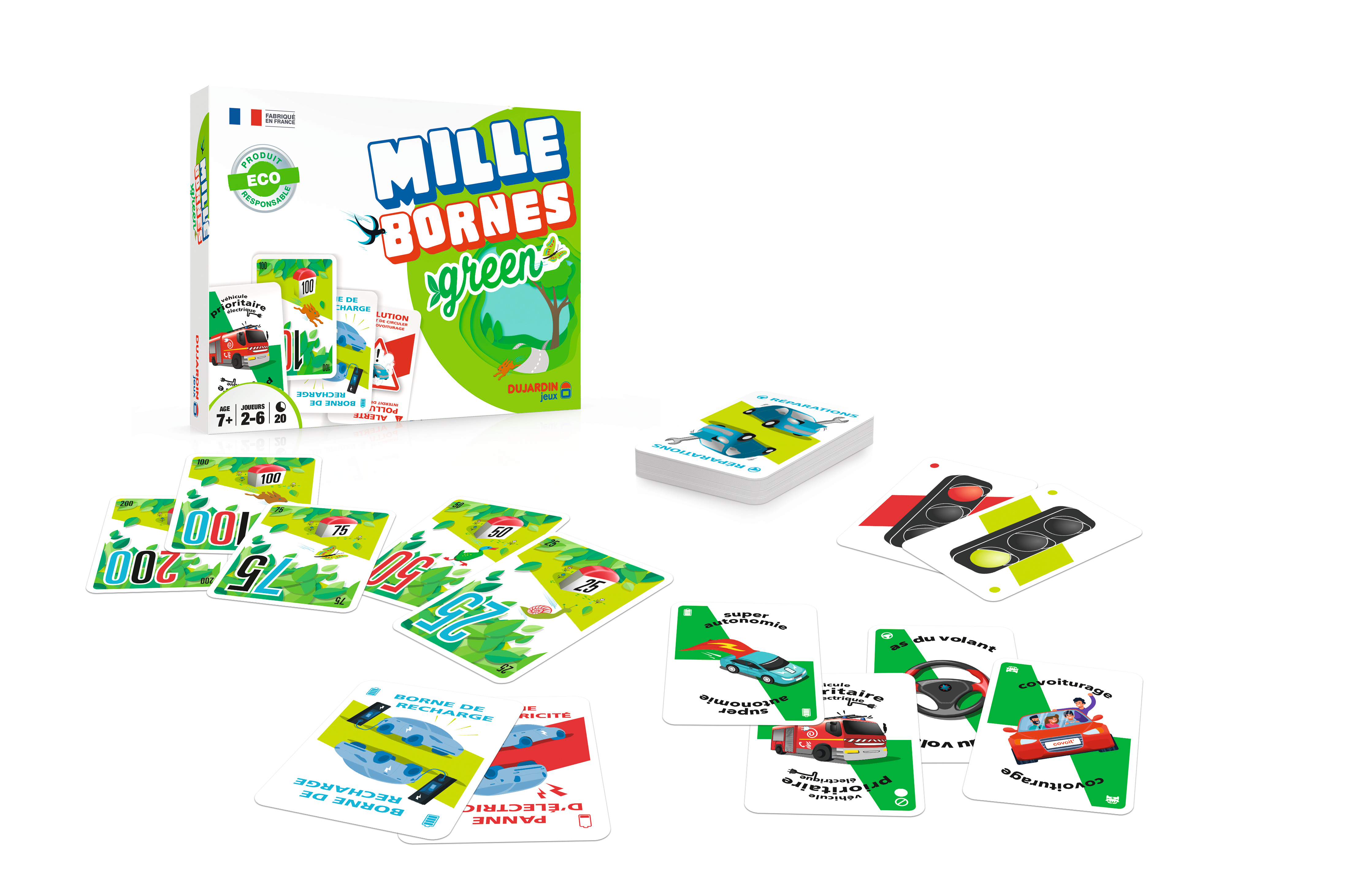Mille Bornes Green Spiel mit Karten und Spielbox, auf weißer Oberfläche.