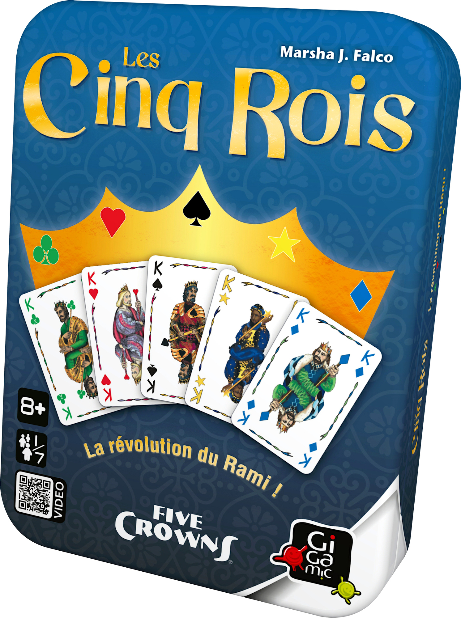Les Cinq Rois Spielbox, mit Spielkarten mit Königen und einer Krone.