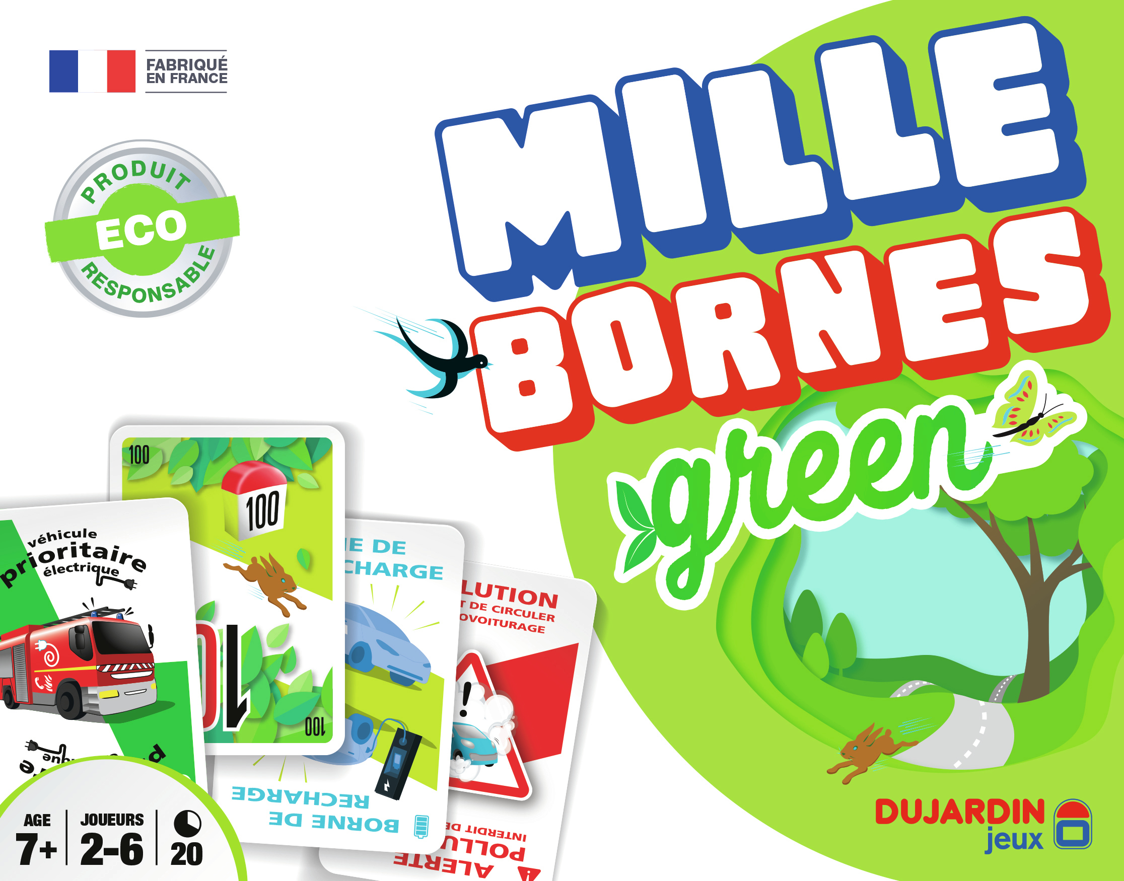 Mille Bornes Green Spielbox und Karten, mit Autos und Straßenschildern.